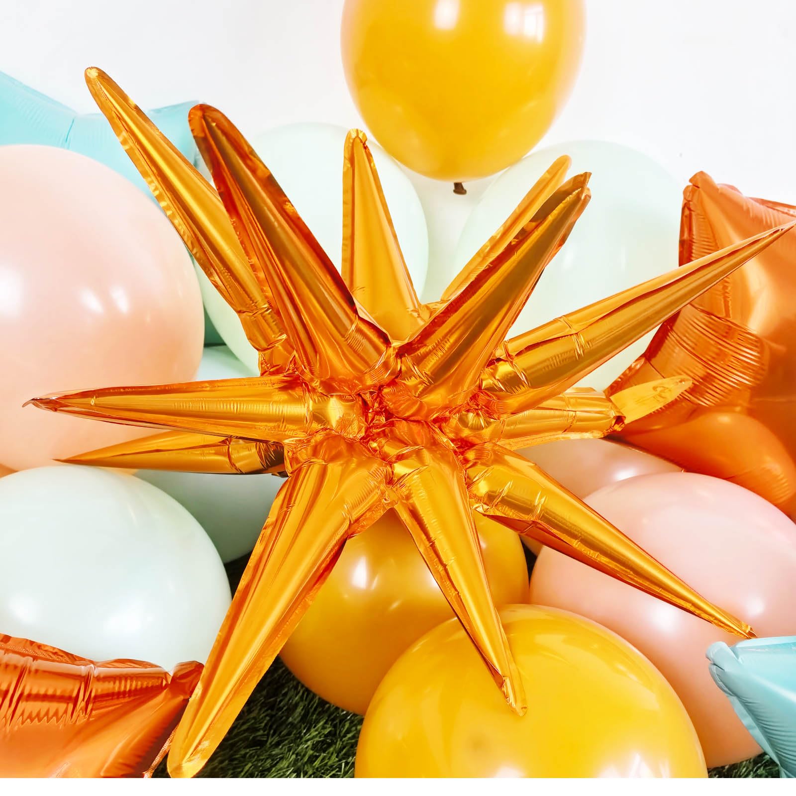 Zestaw 21 balonów Showgirl – pomarańczowy balon foliowy z motywem eksplozji, balony z gwiazdami, pomarańczowe, miętowe i turkusowe, balony lateksowe, dekoracje na urodziny z motywem tancerki, 21 szt