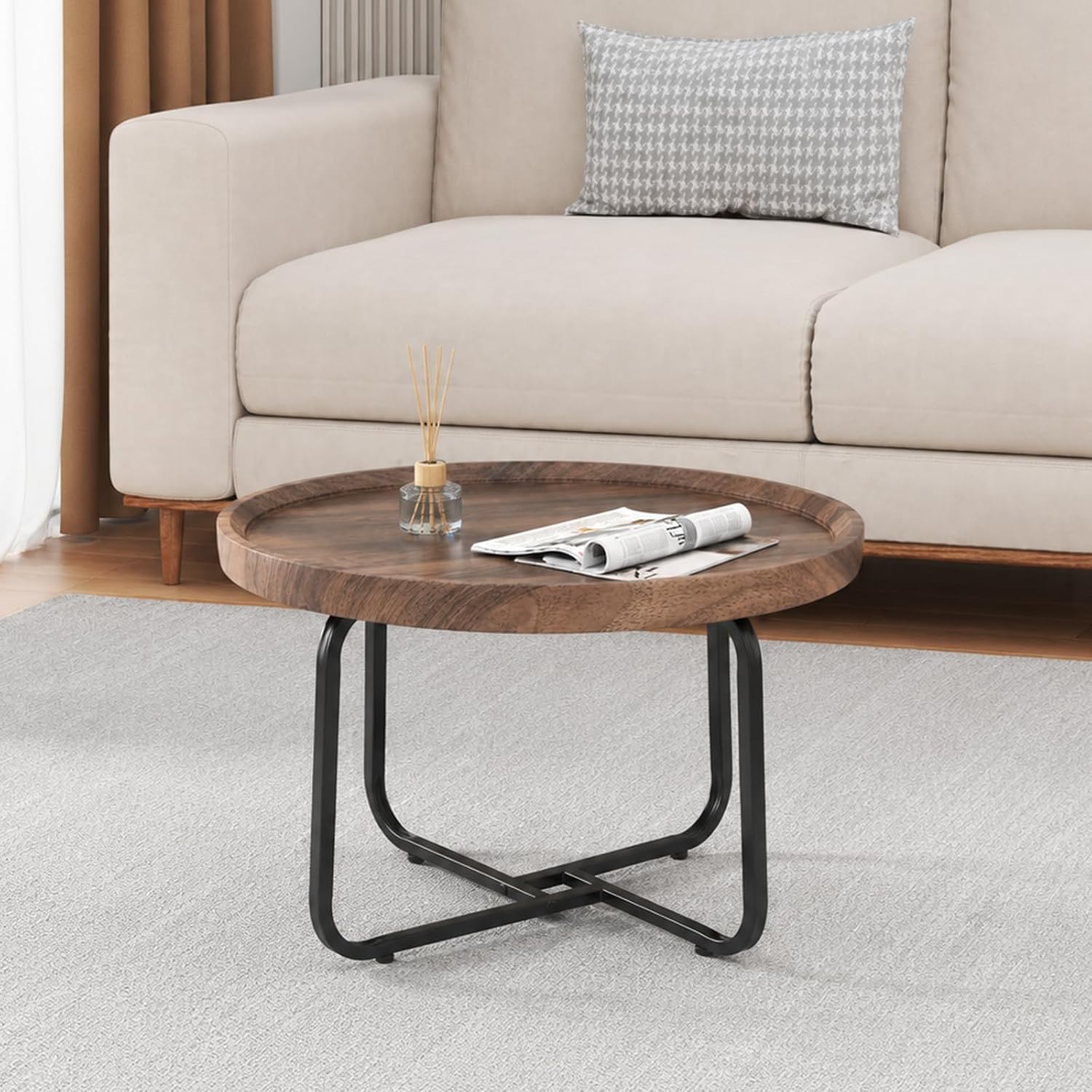 Small Round Coffee Table, 20" Circle Coffee Side Table for Small Spaces, Wood Round Accent Center Table with Metal Frame for Living Room Bedroom Office Balcony Yard Patio, Modern Couch End Table