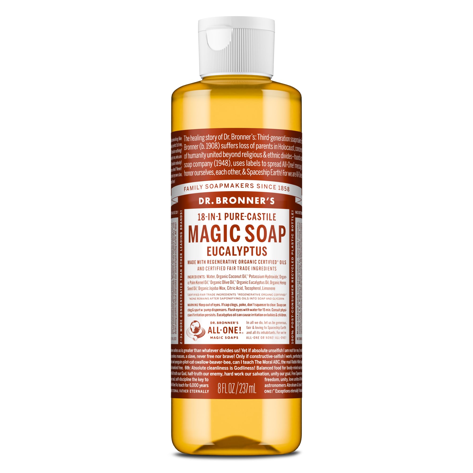 Pure-Castile Magic Soap Liquid (Eucalyptus, 8 Ounce) - Made with Regenerative Organic Certified Oils, 18-in-1 Uses: Face, Body, Hair, Laundry, Pets and Dishes, Concentrated, Vegan