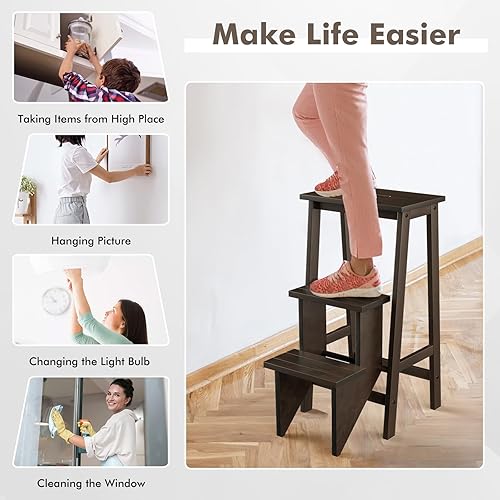 Miniatura 6 de Taburete plegable de madera de 3 escalones, escalera antideslizante portátil, escalera plegable de madera, estante de flores multifuncional y silla