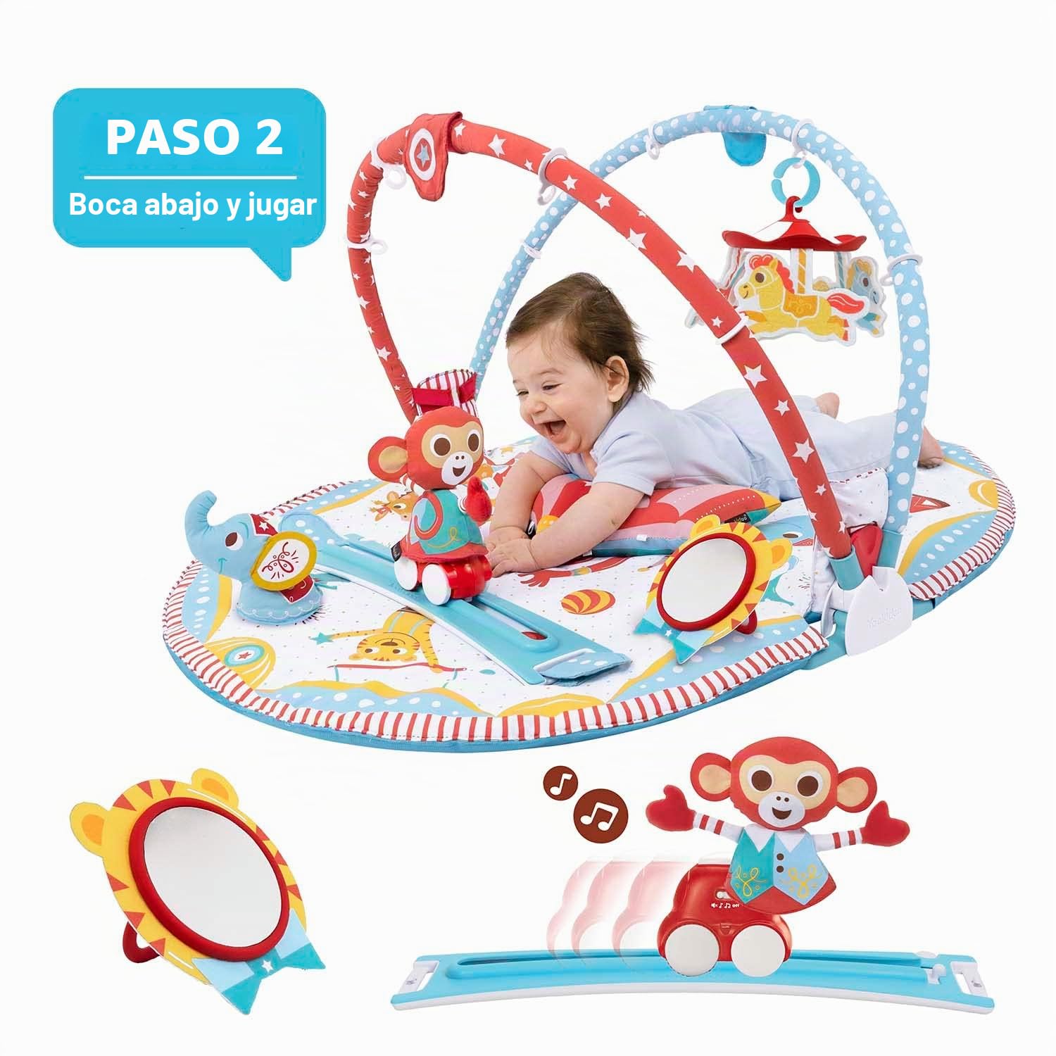 Yookidoo Gimnasio para bebés y tapete de juego, accesorio de 3 etapas con pista de robot motorizada, 20 actividades de desarrollo, edad de 0 a 12 meses (Gymotion Circus Playland)