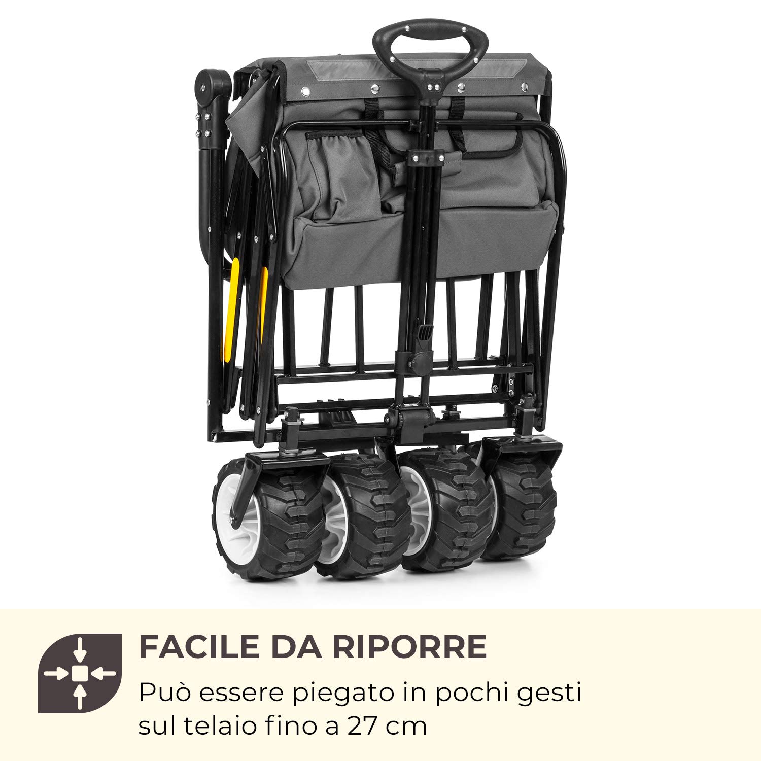 Waldbeck Easy Rider - Carretto, Carretto a Mano, Portata Fino a 70 kg, Copertura in Poliestere 600D, 2 Cinture di Sicurezza per Bambini, Pieghevole, Braccio Telescopico, Grigio