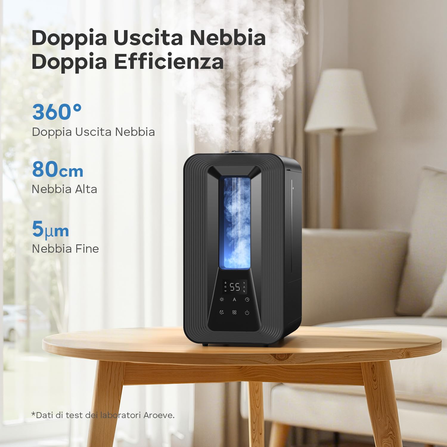 AROEVE 5L Umidificatore Ambiente, Nebbia Fresca Ricarica Dall'Alto Umidificatore Ultrasonico con Diffusore Aromi, Igrostato Smart, Luce Ambientale, 50h/25dB Silenzioso per Casa ufficio Bambini Piante