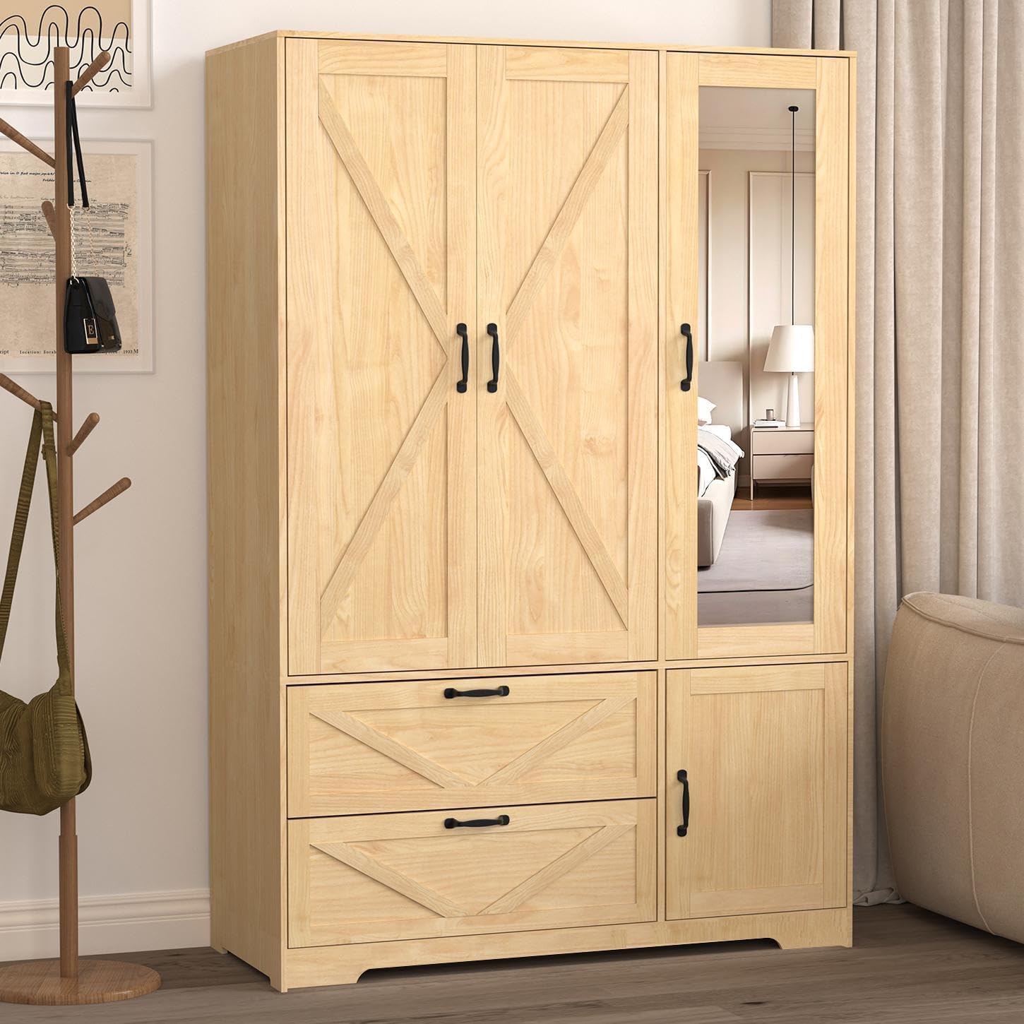 Armoire Wardrobe Closet, 72'' Wardrobe Cabinet with 2 Drawers & Mirror, 3 Doors Bedroom Clothes Closet with Hanging Rod & Built-in Light, Wooden Wardrobe Cabinet with Adjustable Shelf for Bedroom