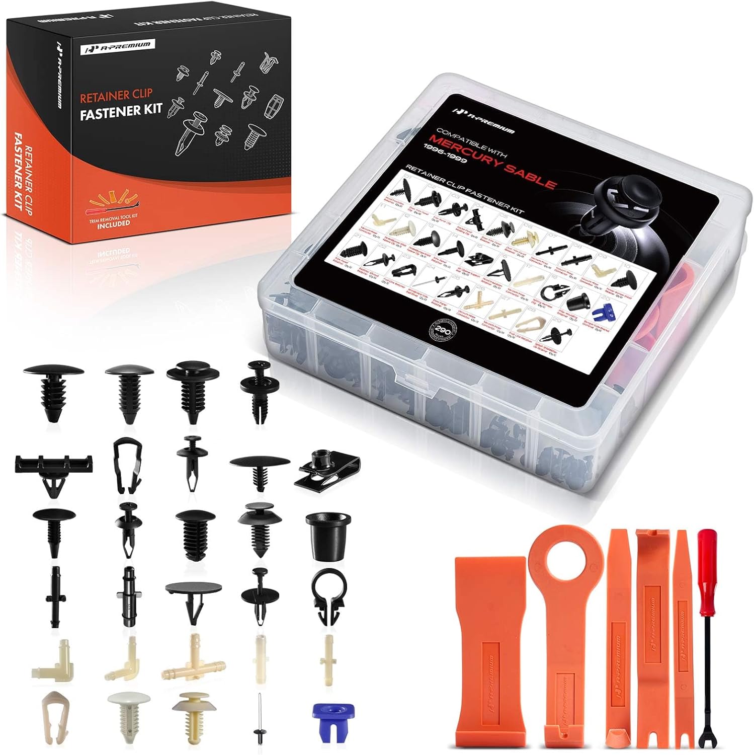 A-Premium 290Pcs 47.84 oz Nylon Bumper Retainer Clips Fender Fasteners Door Trim Panel Molding Hood Auto Push Pin Plastic Rivets Kit Compatible with Mercury Sable 1996-1999, with Removal Tool
