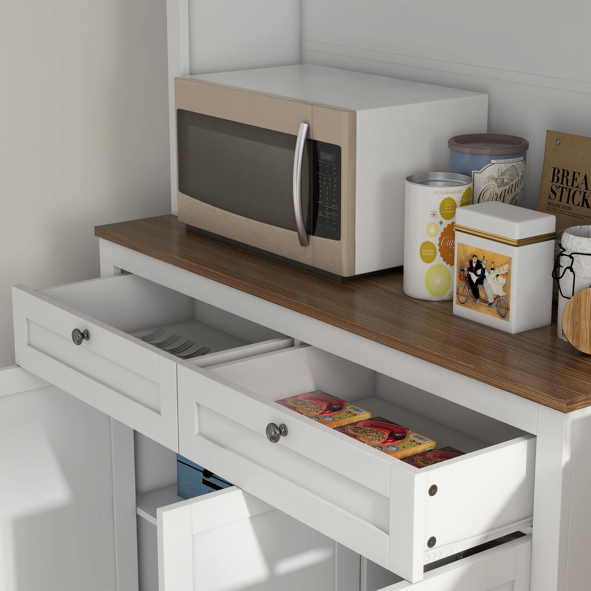 HOMCOM Alacena de Cocina, Mueble Auxiliar de Cocina, con 3 Puertas de Vidrio, Encimera Abierta para Microondas, 2 Cajones y Estantes Ajustables, 100x40x180 cm, Blanco