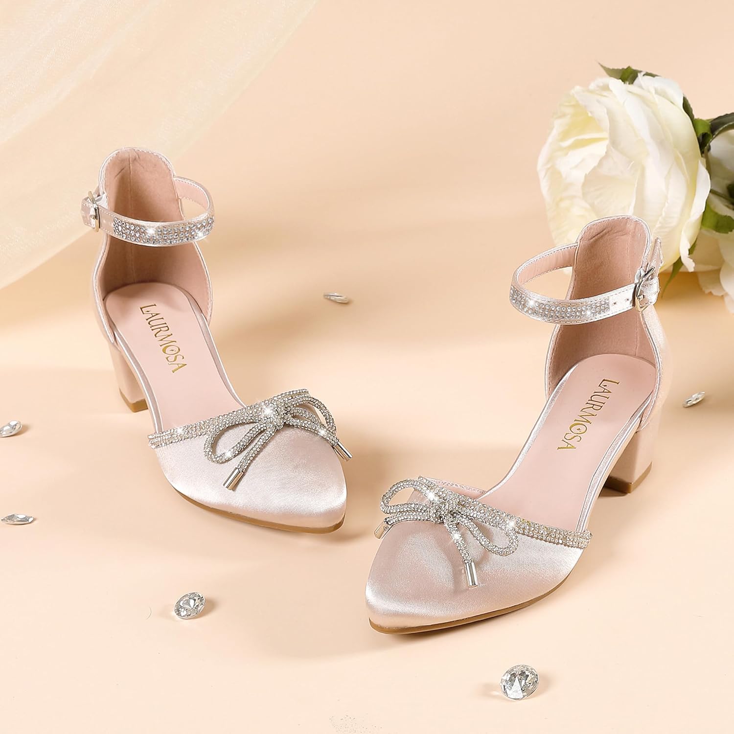Girls Sandals Closed Toe High Heels Pointed Toe Ankle Strap Pumps Flower Girl Dressy Shoes in Wedding Party Cute Bowknot Chunky Block Heeled for Little Big Kids - Image 3