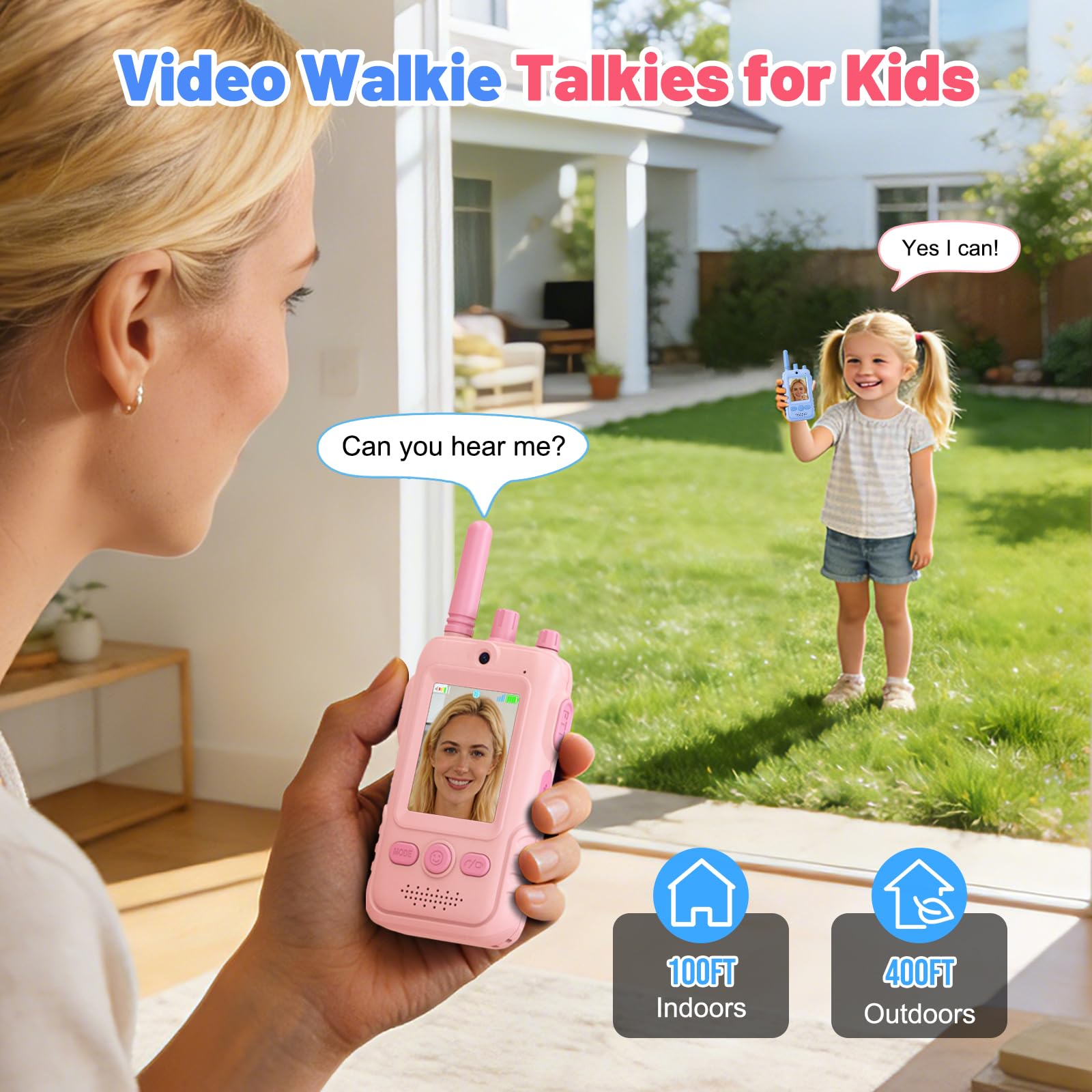 Video Walkie Talkie Bambini, 2 Walkie Talkie Ricaricabili con Display, Telecamera HD& Modificatore Vocale, Lunga Portata, Regalo per Bambini e Bambine dai 3 ai 12 Anni