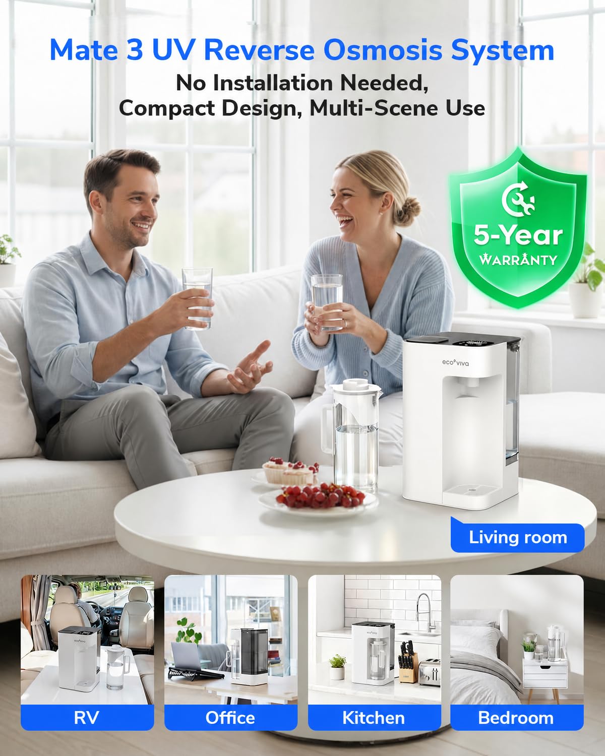 Mate 3 - Filtro de agua de ósmosis inversa UV, 3:1 puro para drenar, jarra inteligente de llenado automático, purificador de agua sin instalación, filtración de agua RO de 8 etapas, con