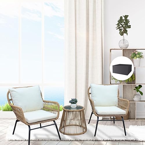 3 Pcs Outdoor Patio Balcony Wicker Chair Set with Beige Cushion and Round Tempered Glass Table Natural Color Furniture for Garden Conversation Set with Cover