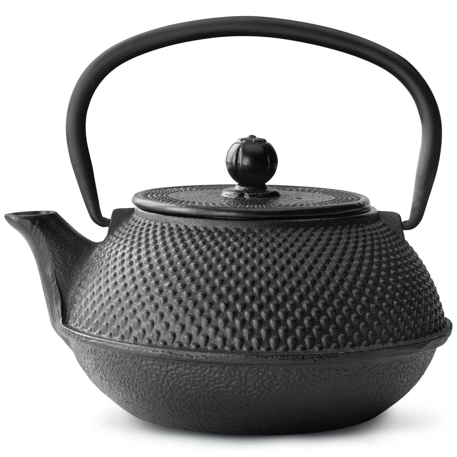 Bredemeijer Teekanne asiatisch Gusseisen Set schwarz 0.8 Liter Teekessel mit Henkel & Edelstahl Tee-Filter Sieb-Einsatz & 2 Teebecher schwarz inkl. Stövchen