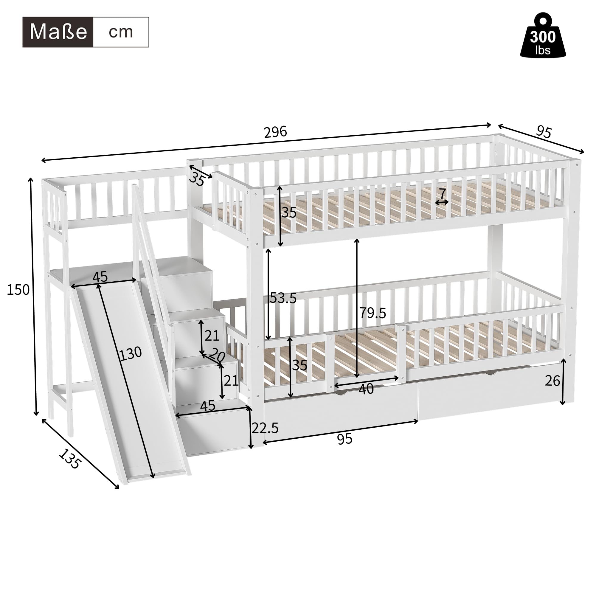Etagenbett Kinderbett 90x200 für 2 Kinder, Hochbett mit Treppe&Rutsche&2 Schubladen, Funktionsbett Holzbett Stockbett Spielbett Jugendbett Bettgestell mit Rausfallschutz&Lattenrost,Ohne Matratze,Weiß