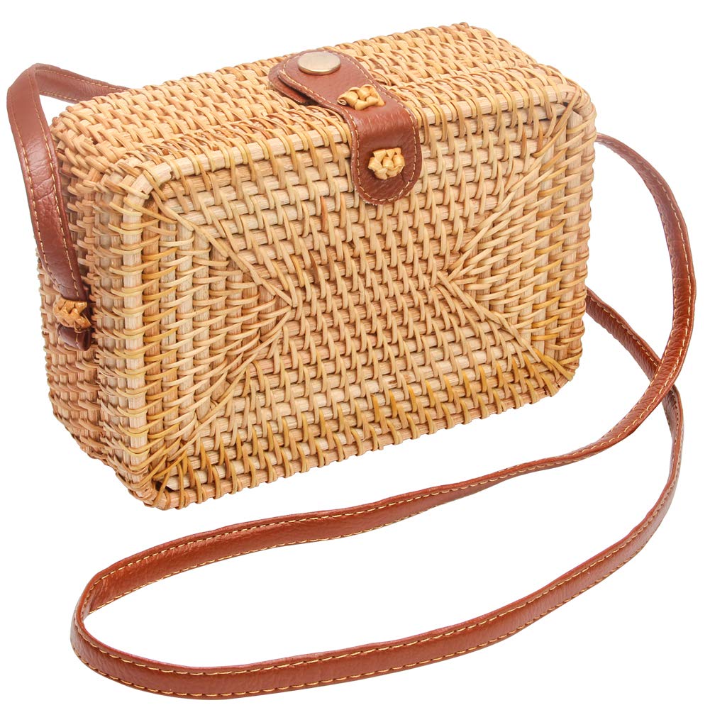 CrazyPiercing Wicker Round Square Crossbody Rattan Bag, Women Boho Bag Clutch Woven Handbag