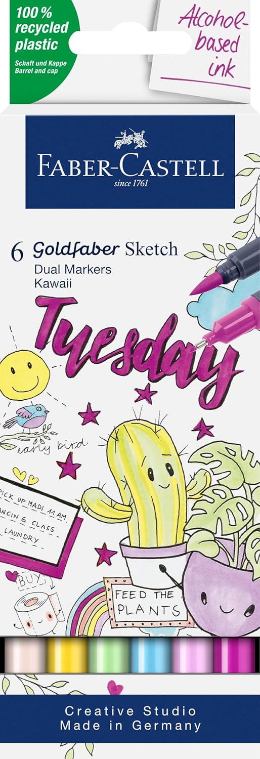 Faber-Castell Goldfaber Sketch Markers Product Design 164806 Pack of 6 Alcohol Markers with Brush Tip and Fineliner Tip