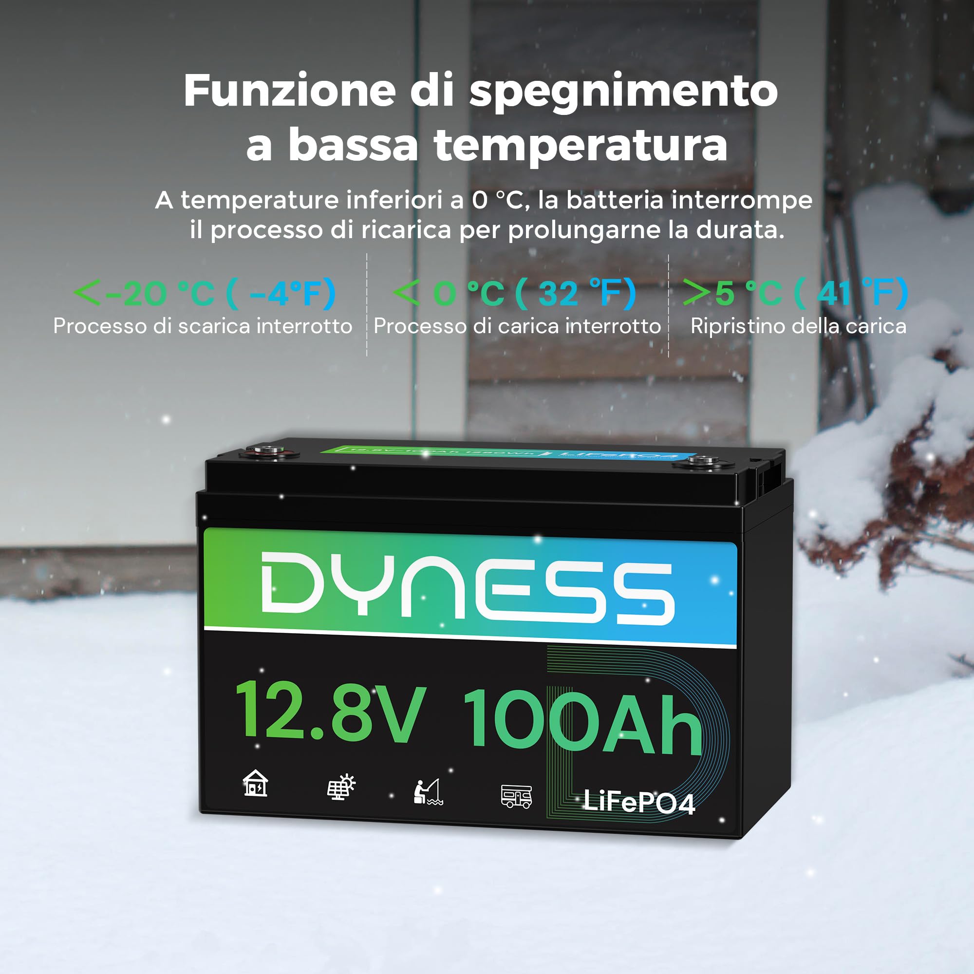 Dyness Batteria Litio 12V 100Ah LiFePO4 a Ciclo profondo con 100A BMS, Protezione Dalle Basse Temperature, Max. 15000 cicli, per Camper, Impianti Solari off-grid, Fotovoltaico Accumulo