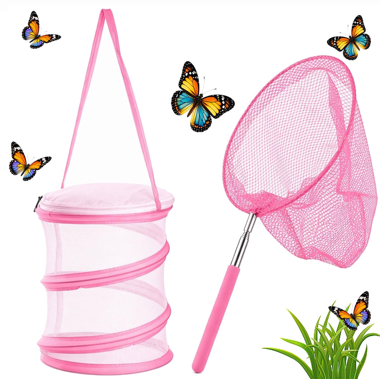 JRZYTX Bug Catcher Collapsible Butterfly Net Bug Butterfly Catcher Extendable, Mini Reproduction Nets for Insect Catching Outdoor Safari Nature Exploration (Pink)