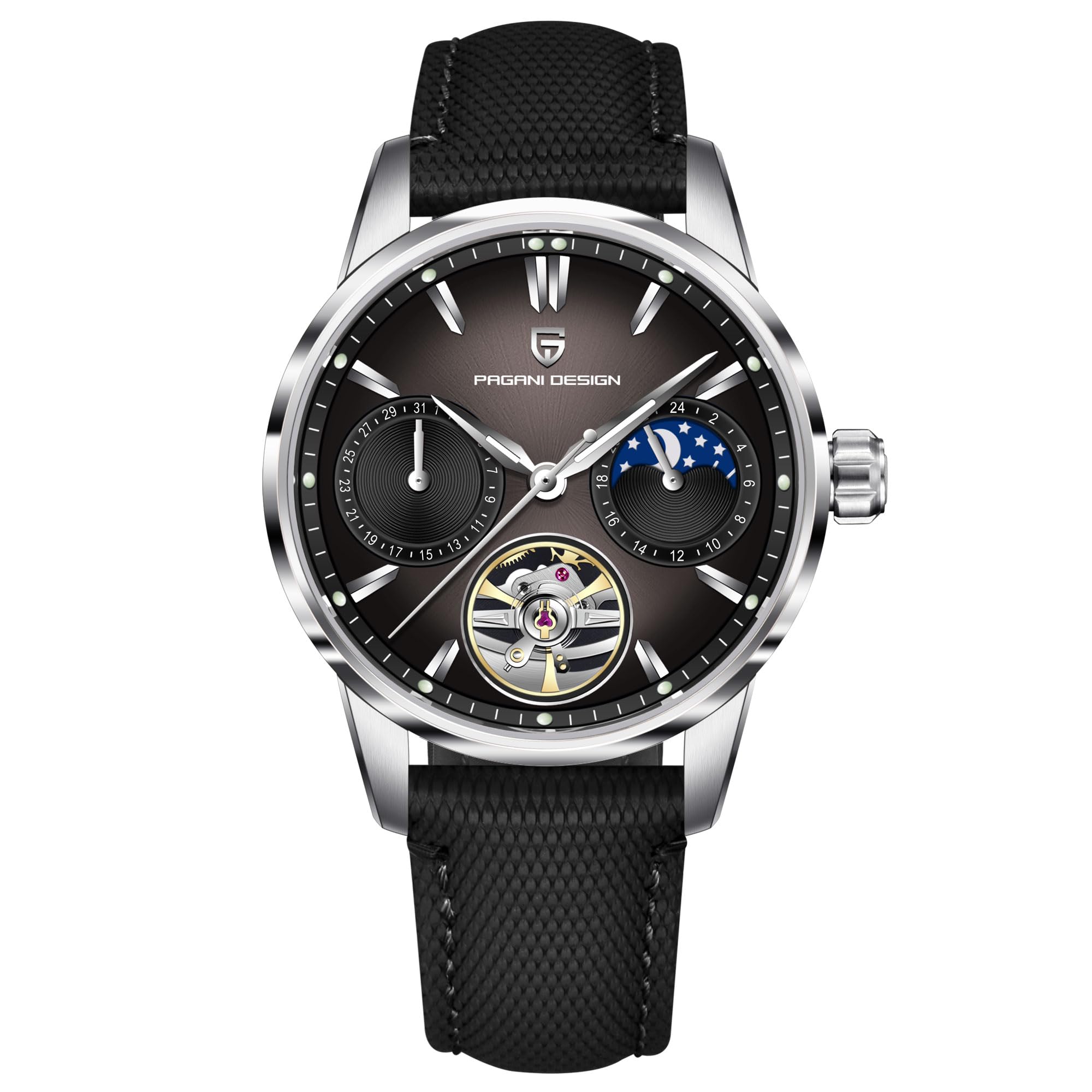 Pagani Design - Reloj automático de lujo para hombre, diseño de esqueleto Tourbillon, fase lunar, acero inoxidable, 100 m, correa de cuero, reloj mecánico para hombre