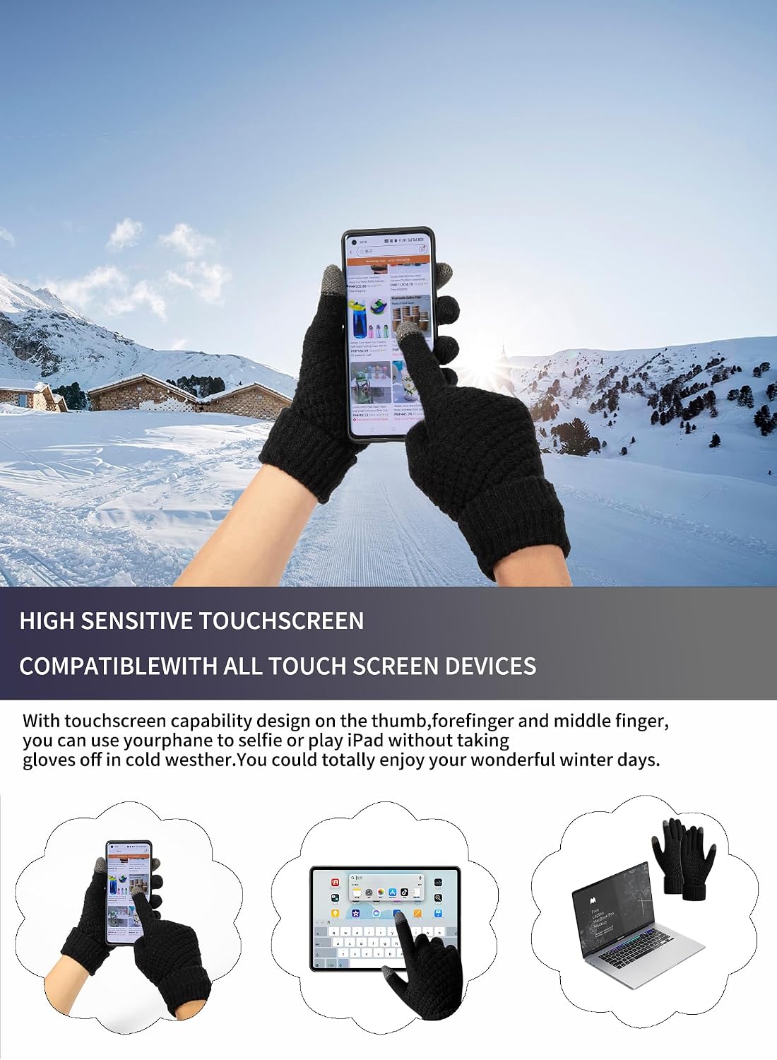 Winter Knit Beanie Hat Neck Warmer Scarf and Touch Screen Gloves Set 4 Pcs Fleece Lined Skull Cap for Men