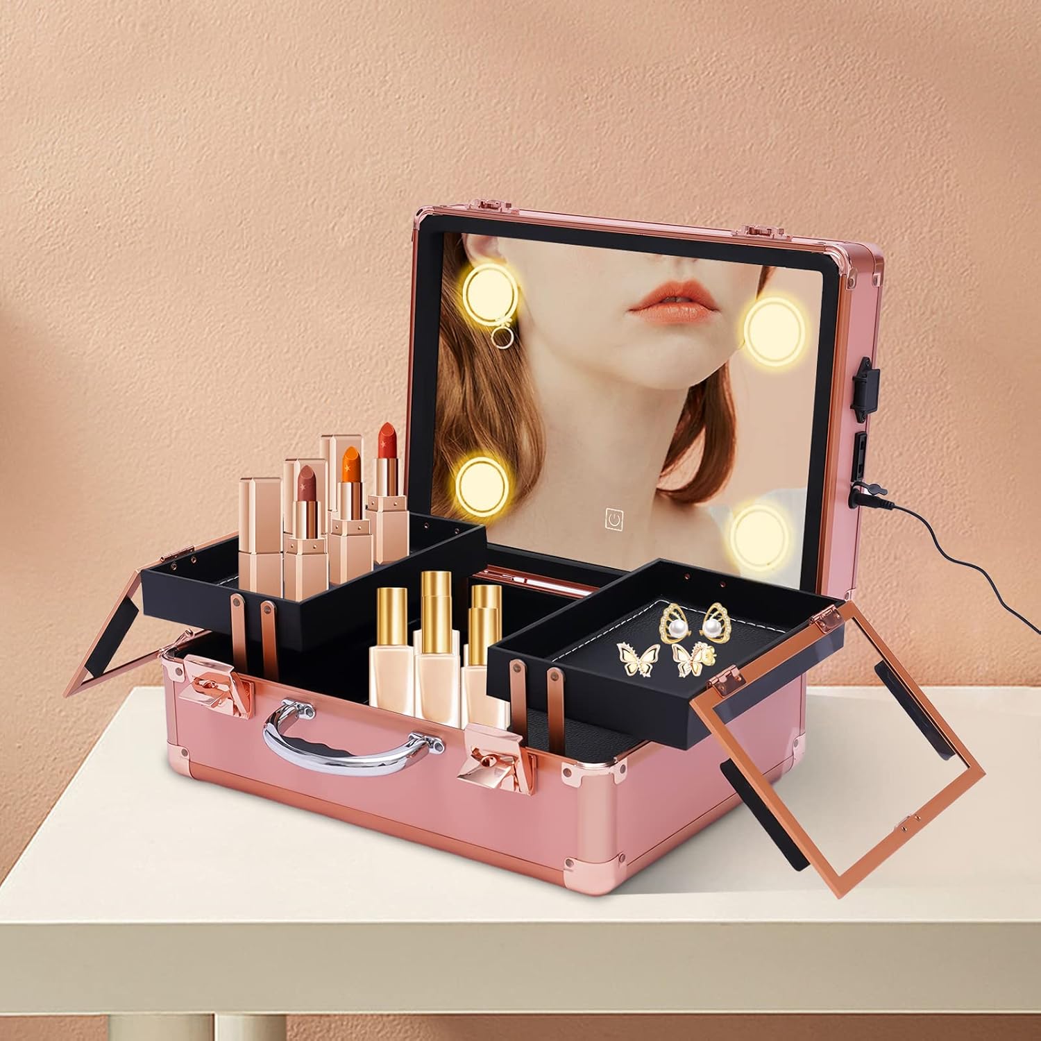 Makeup Train Case 14.6 Inch With 4 LED Lights and Mirror 12V Rechargeable Jack ABS Cosmetic Organizer Box Lockable Large Makeup Artist Organizer for Beauticians Rose Gold