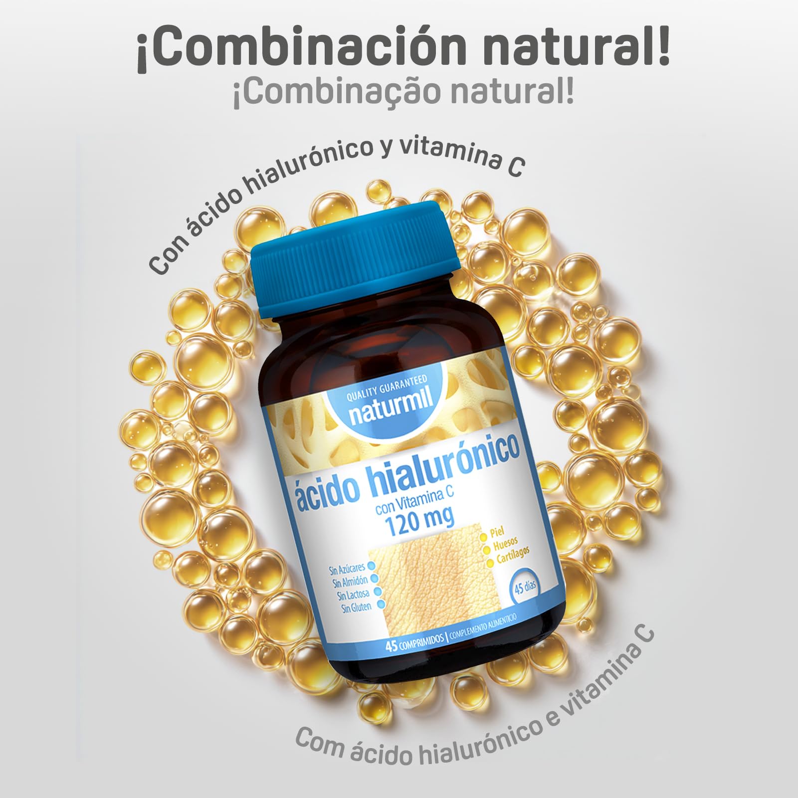 Ácido Hialurónico 120 mg con Vitamina C - Hidratación y Elasticidad de la Piel - Apoyo a Cartílagos y Huesos - 45 Comprimidos 1 al día - DietMed - Naturmil