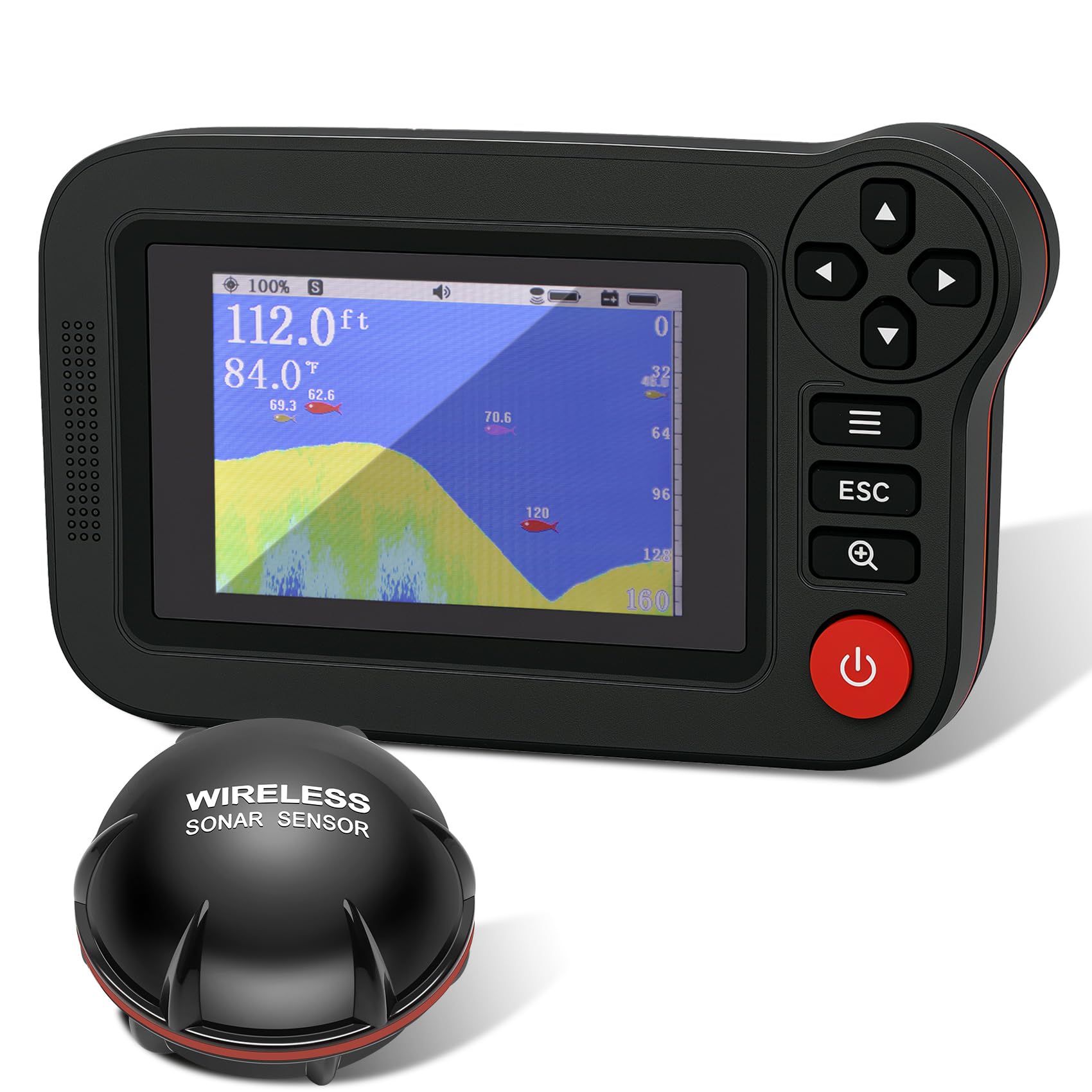 Portable Sonar Fish Finder, Rechargeable castable Wireless Fish Finders, Kayak Fishfinder with 105deg Beam Angle and TFT LCD Display, 2.6-164 FT of Boat Depth Finder for Shore, Sea, and Ice Fishing