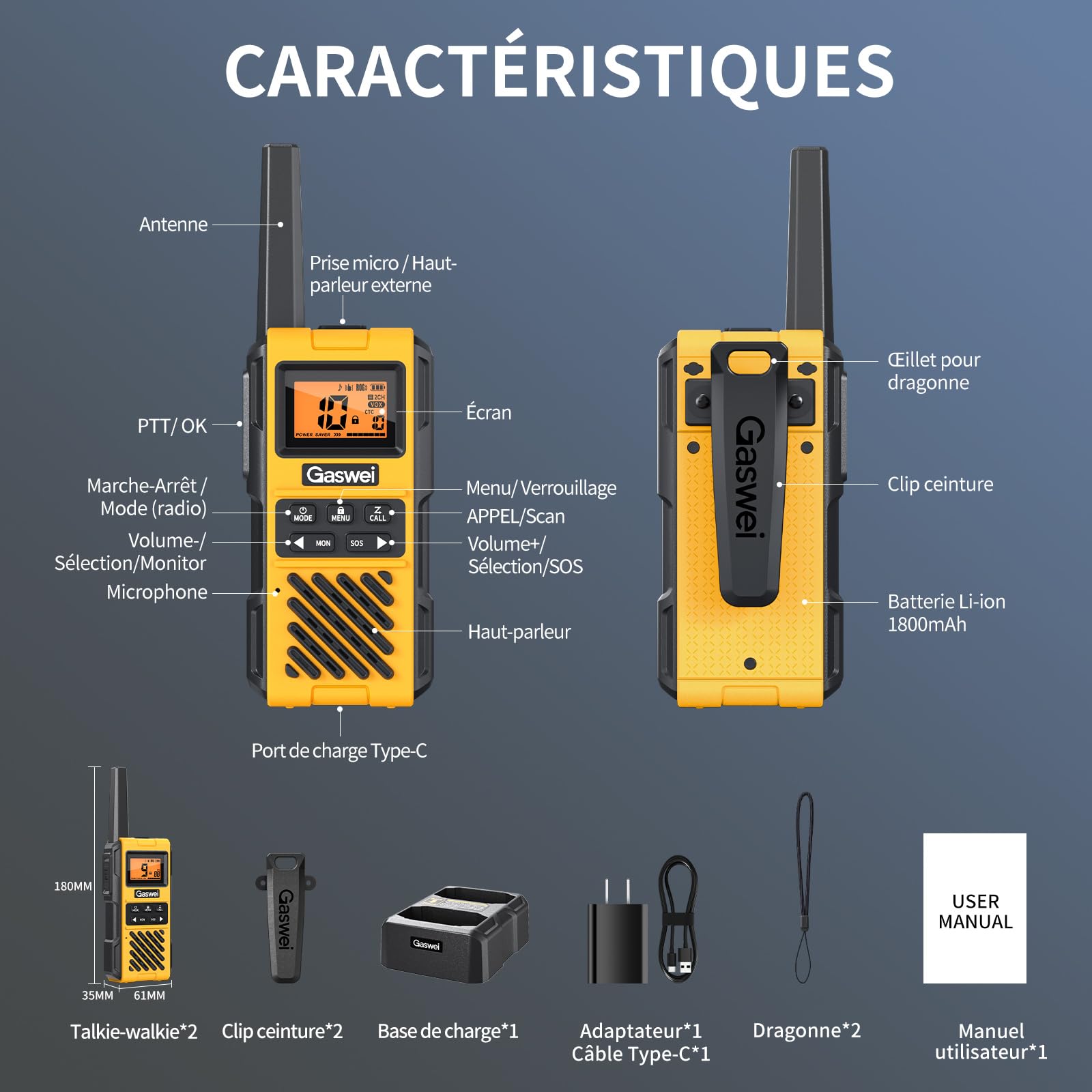 G1 Pro Talkie Walkie Longue portée Rechargeable IP67 Étanche Professionnelle pour Adultes, 16 canaux PMR446, Radio FM, VOX, Alarme SOS, Charge USB-C –Idéal Urgence, Plein air, Chantier.