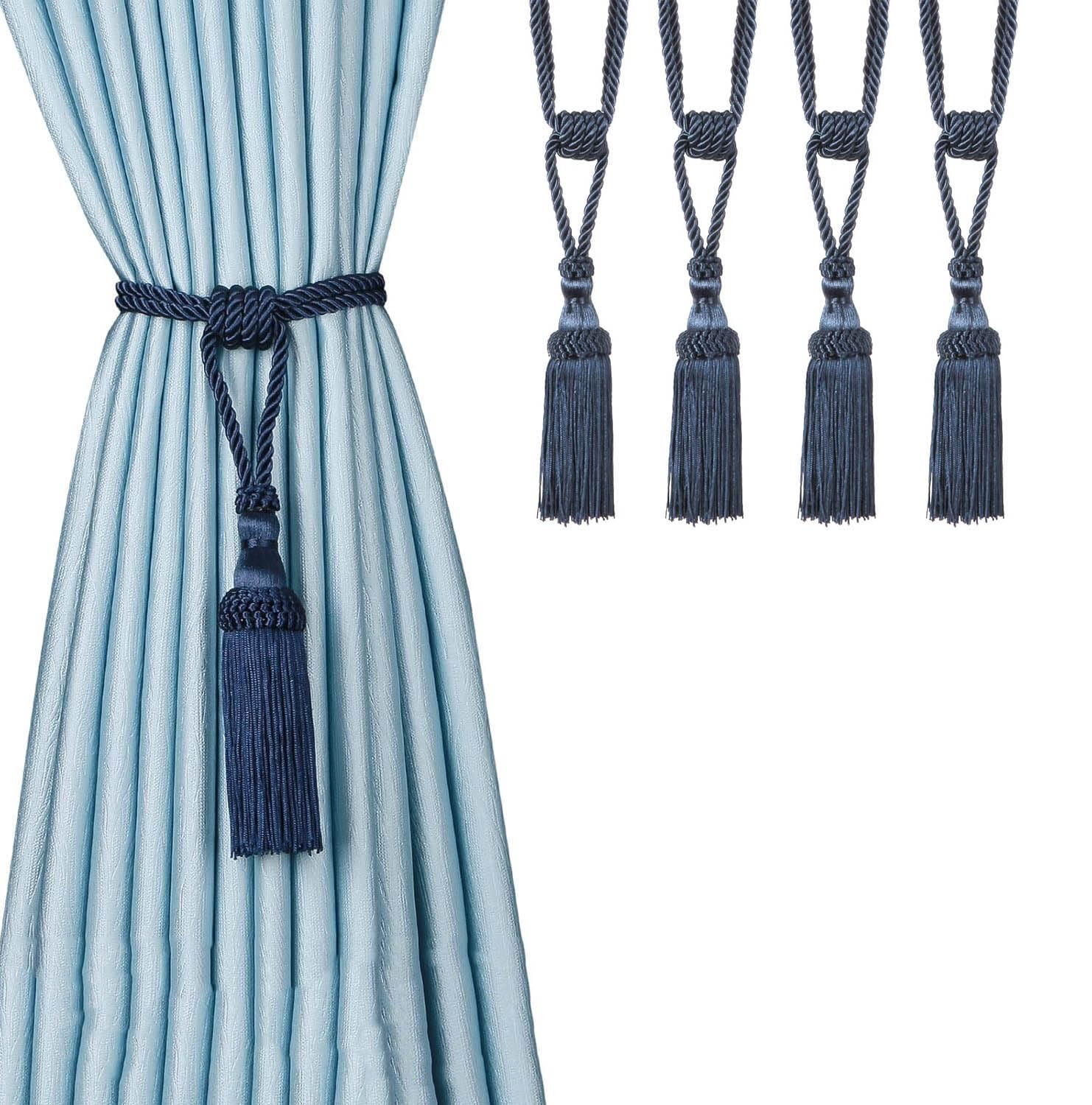 BEL AVENIR 4PCS Curtain Tassel Tiebacks, Handmade Tassels Curtain Tie-Backs Rope Holdbacks for Home Office Decor-Navy