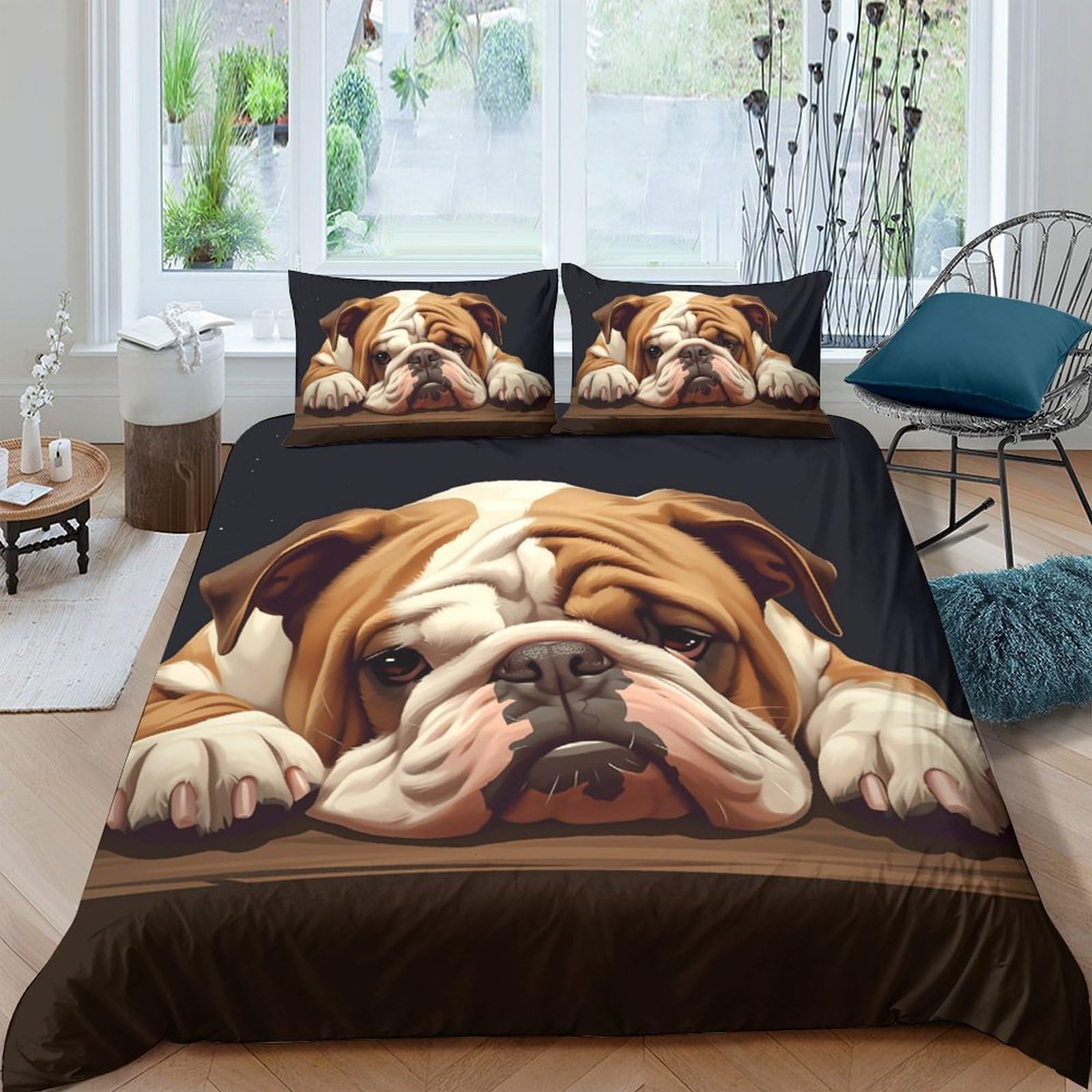 GPLZQXKJNH 3D Printed Bulldog Duvet Cover Set Microfiber Soft Breathable Dog Face Bedding Set with 2 Pillowcases for Bedroom Decor Single（135x200cm）