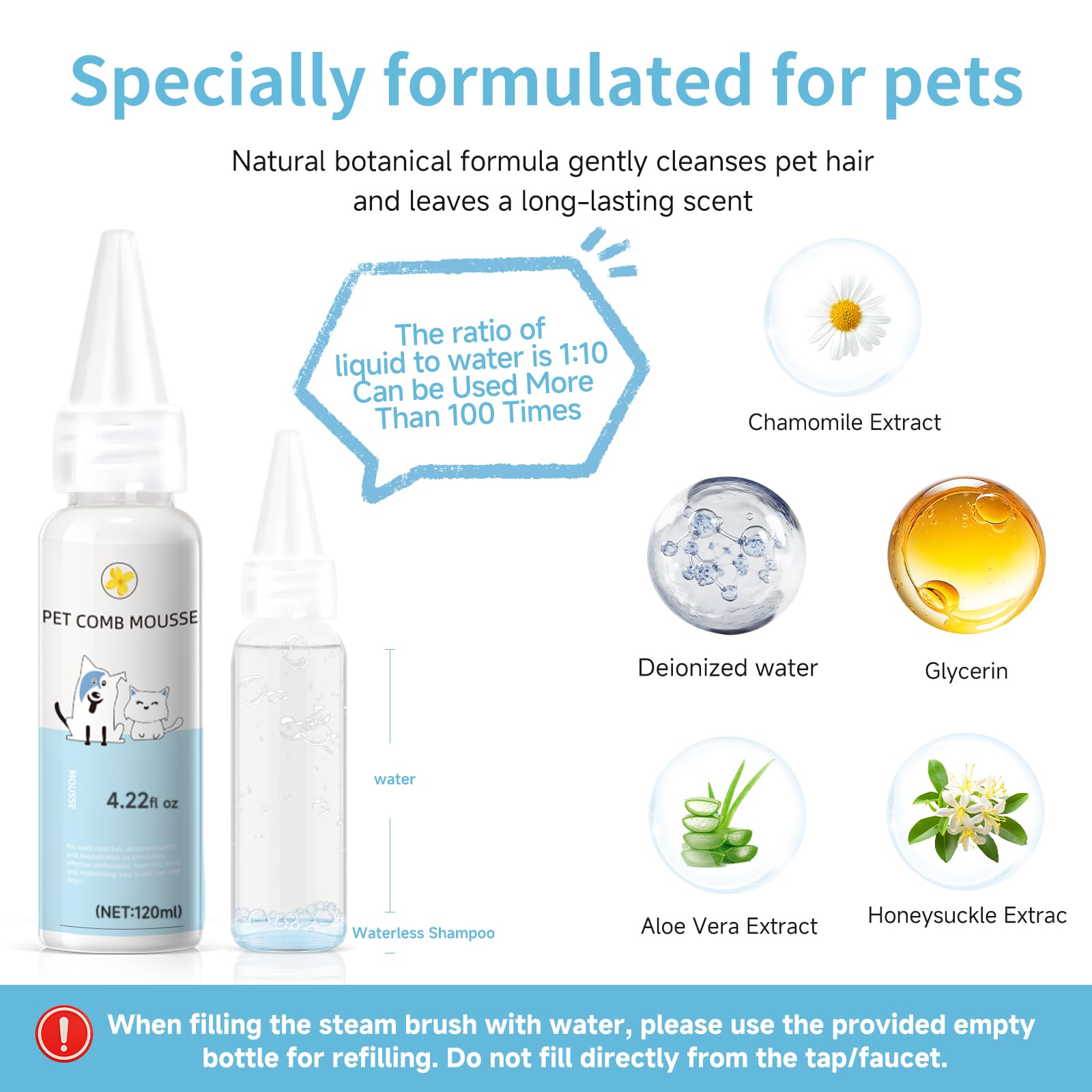 Pet Steam Brush for Dog & Cat - 3-in-1 Steam Grooming Slicker Brush & Undercoat Rake for Shedding - Self Cleaning Spray Comb with Mist for Long & Short Haired Pets - Includes Waterless Shampoo, Blue - image 4