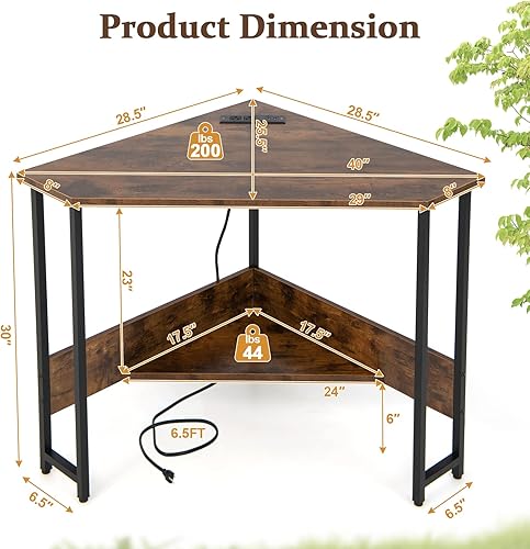 Miniatura 3 de COSTWAY Escritorio esquinero para computadora con puertos USB y toma de corriente estante de almacenamiento para espacios pequeños escritorio