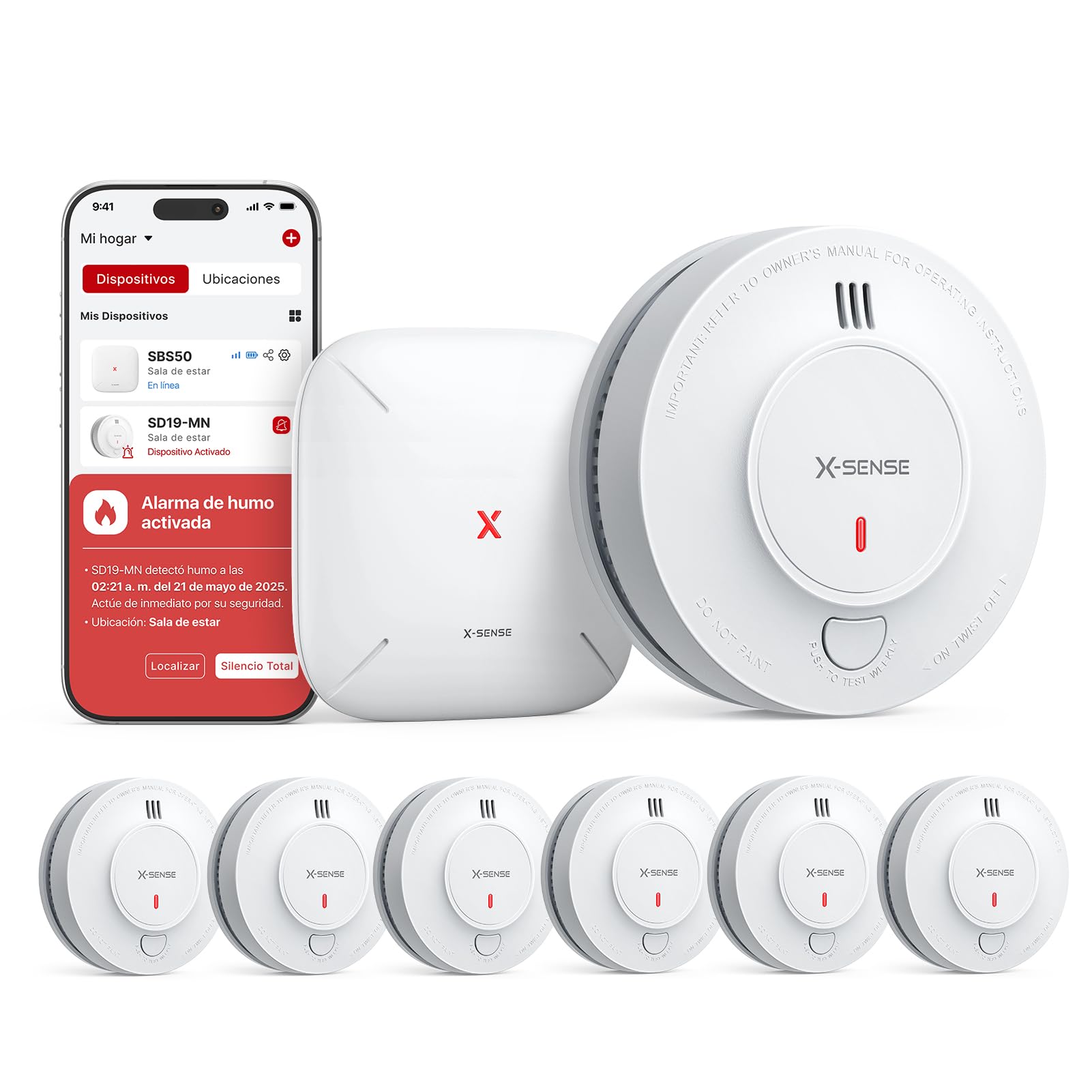 X-Sense Detectores de Humo Inteligentes con Estación Base SBS50, Sistema de Alarma Interconectado, Compatible con la App X-Sense, Modelos SD11-MR61