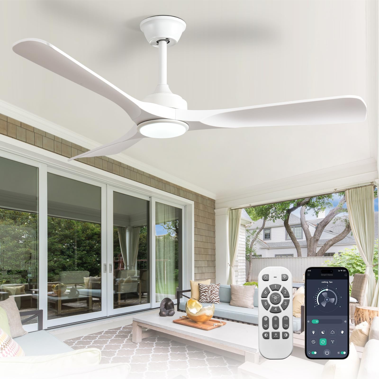 Depuley Ceiling Fan with Light and Remote: 52 Inch White 3 Blade Outdoor Fans for Patios - Dimmable Indoor Fan with Remote APP Control Ultra Quiet DC Motor Reversible 6 Speed Timer