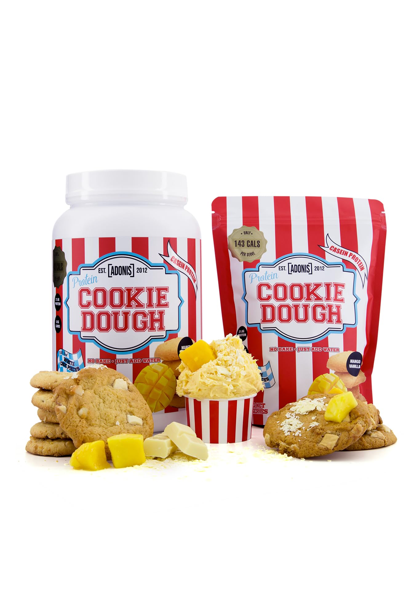 Adonis Protein Cookie Dough | 21g of Casein Protein with 3.3g Fat and 6.9g Carbs | High Fiber Protein Cookie with Real Choco Chips, Low Carb & Gluten Free (Mango vanilla, 1 kg)
