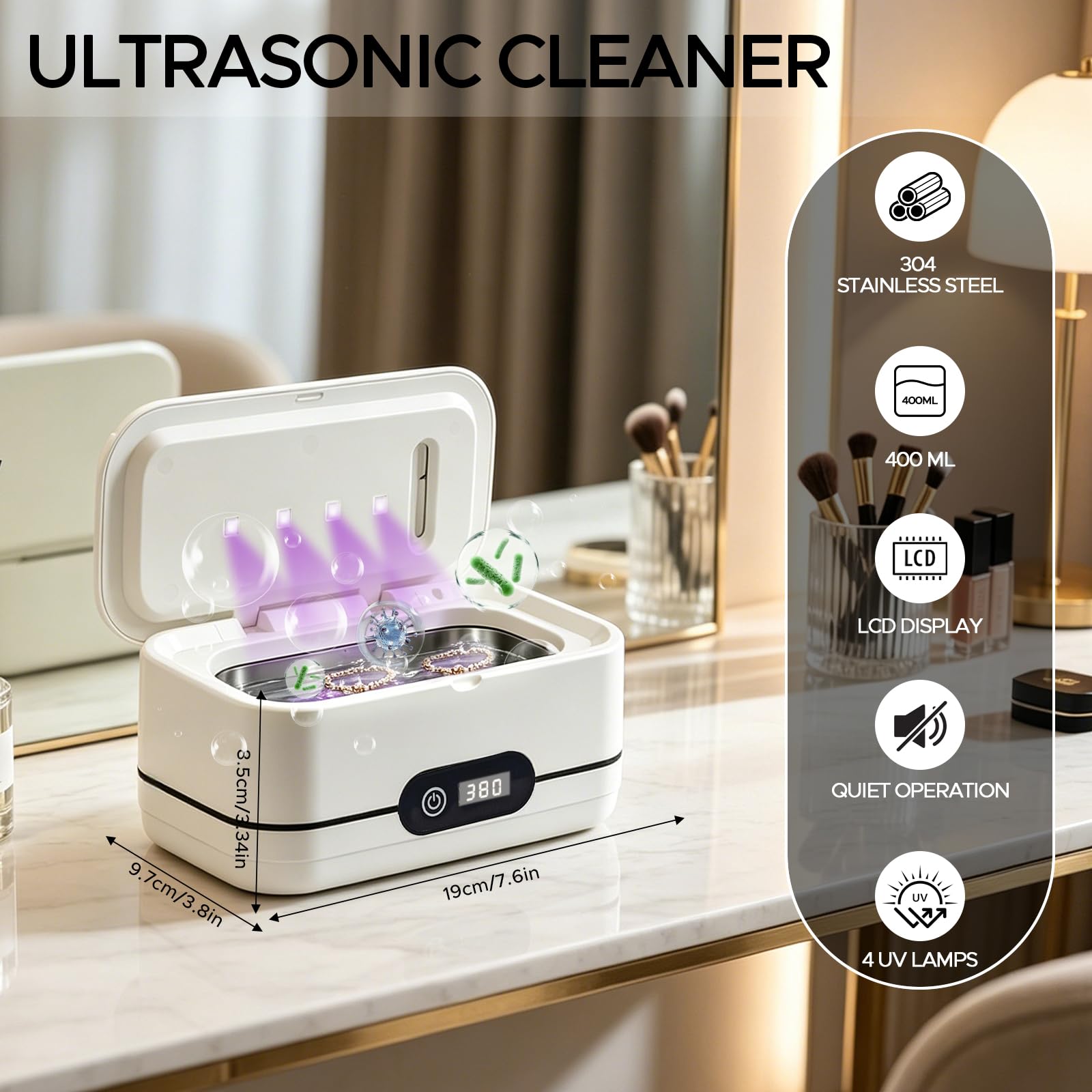 Nettoyeur Ultrasons, 45KHz UV Ultrasonic Cleaner 400ml