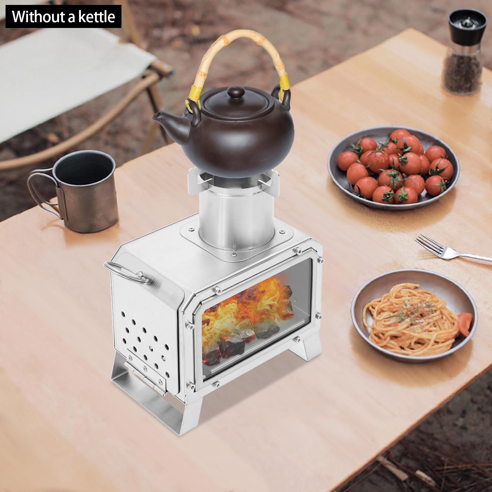 Fornello da campeggio in acciaio inox 201 con finestra in vetro, fornello da campeggio portatile per backpacking, fornello a legna da campeggio, per cucina all'aperto, escursionismo, barbecue, 25,9 x