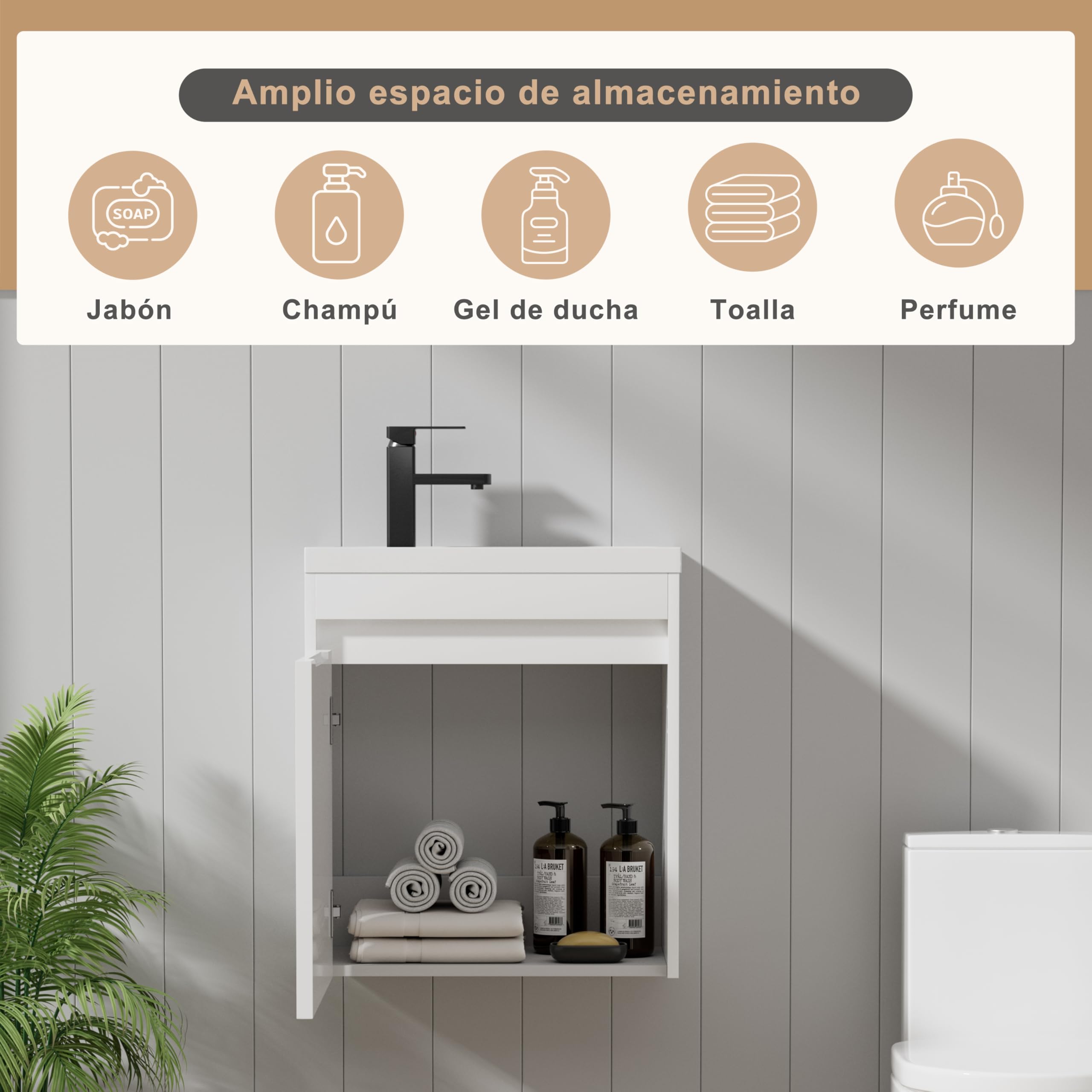 UEV Mueble de Baño Suspendido de 50 cm con Lavabo de Resina, Juego de Mueble de Baño 3 en 1 con Grifo Eficaz, Desagüe Pop-UP, Mueble con Amplio Espacio de Almacenaje
