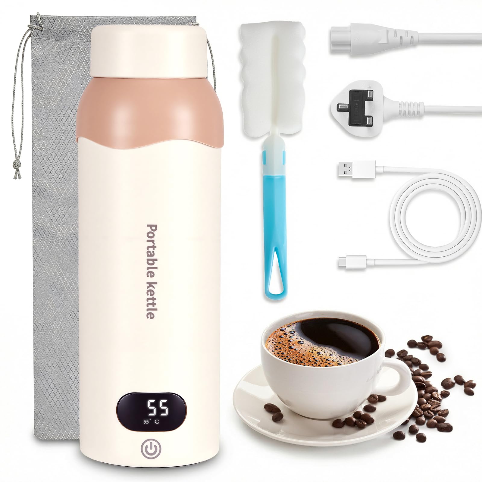 Travel Kettle, 500ML White Electric Kettle, 6-Temp & Dual-Power (Type-C/220V), Fast Boil & Keep Warm, Mini Portable Kettle for Travel, Home, Office, Travel Kettle to Take on Holiday for Tea Coffee