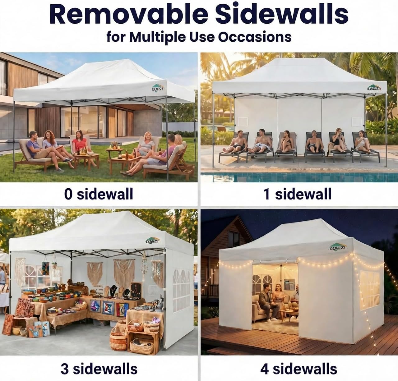 COBIZI 10x15 Pop Up Canopy with 4 Sidewall,Heavy Duty Canopy UPF 50+ All Season Wind Waterproof Commercial Outdoor Wedding Party Tents for Parties Gazebo with Carry Bag(10 x 15 ft White) White 10x15ft(with Sidewalls)