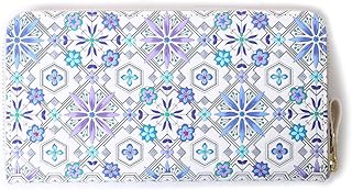 【 浅草文庫 】 友禅染 長財布 花菱 はなびし 柄 江戸小紋 財布 ラウンドファスナー 本革 日本製 ブルー