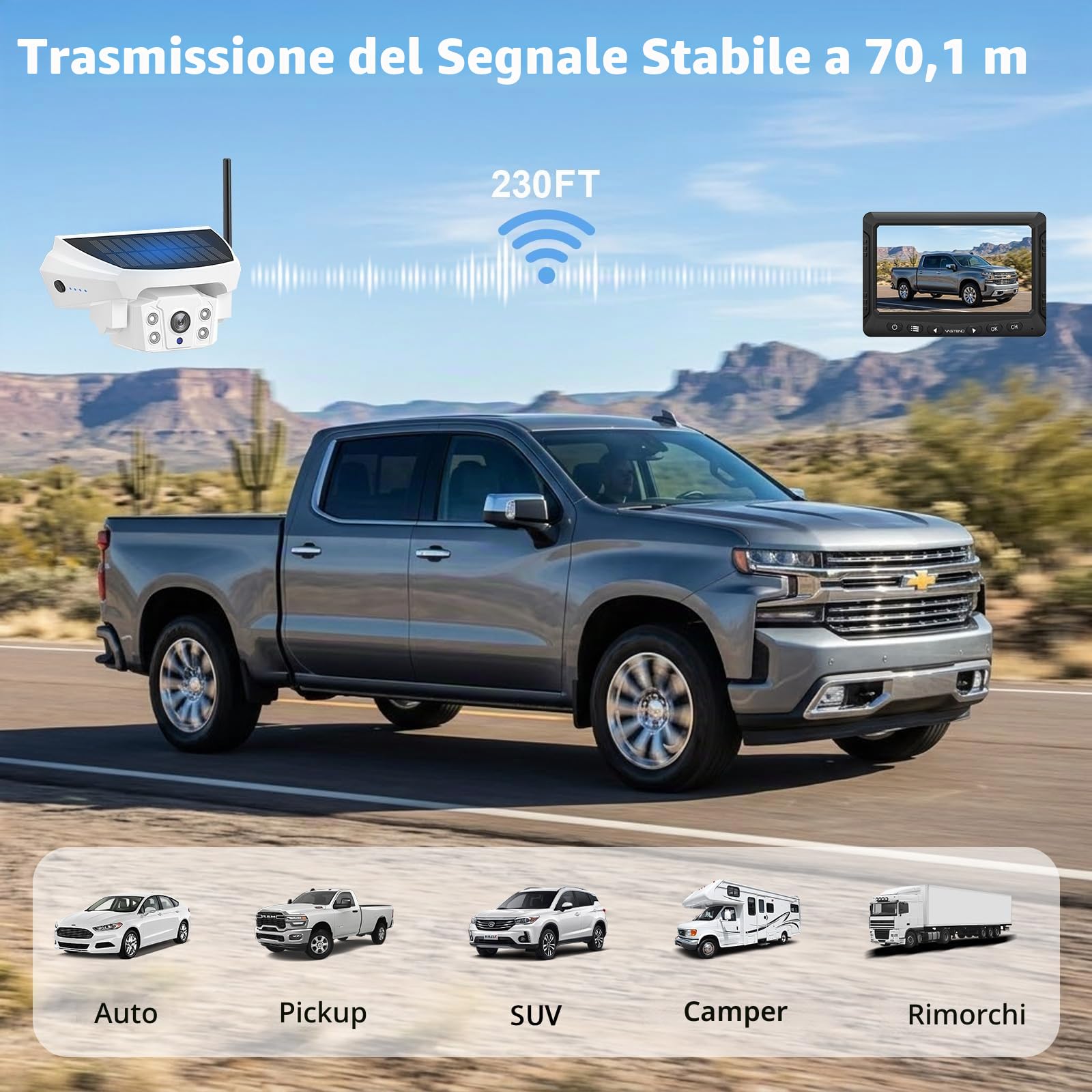 Telecamera Retromarcia Wireless Solare con Monitor 7", Sistema di Retromarcia Digitale HD 1080P, Batteria 10000mAh & Attacco Magnetico, IP69K Impermeabile per Camper, Camion, Rimorchio