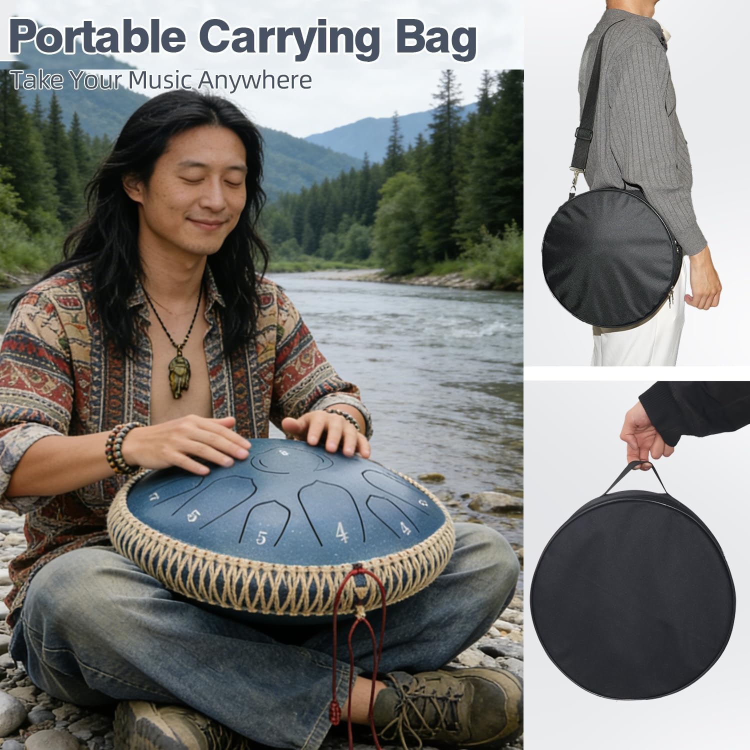 Steel Tongue Drum 13 Inch 15 Note, 440Hz Steel Drum in D Major, Deep Resonant handpan drum for Adults, Hand Pan Drums for Meditation, Yoga & Studio, with Music Book, Carry Bag & Mallets