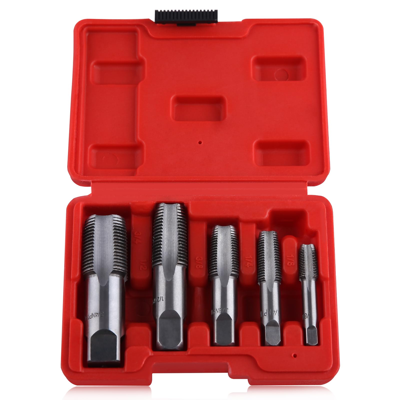 5-Piece NPT Pipe Tap Set 1/8", 1/4", 3/8", 1/2", 3/4" Thread Forming Tap, Gcr15 Steel NPT Tap Set for Accurate Threads, Assorted Plumbers Mechanics DIY Thread Cutting Tools with Storage Case