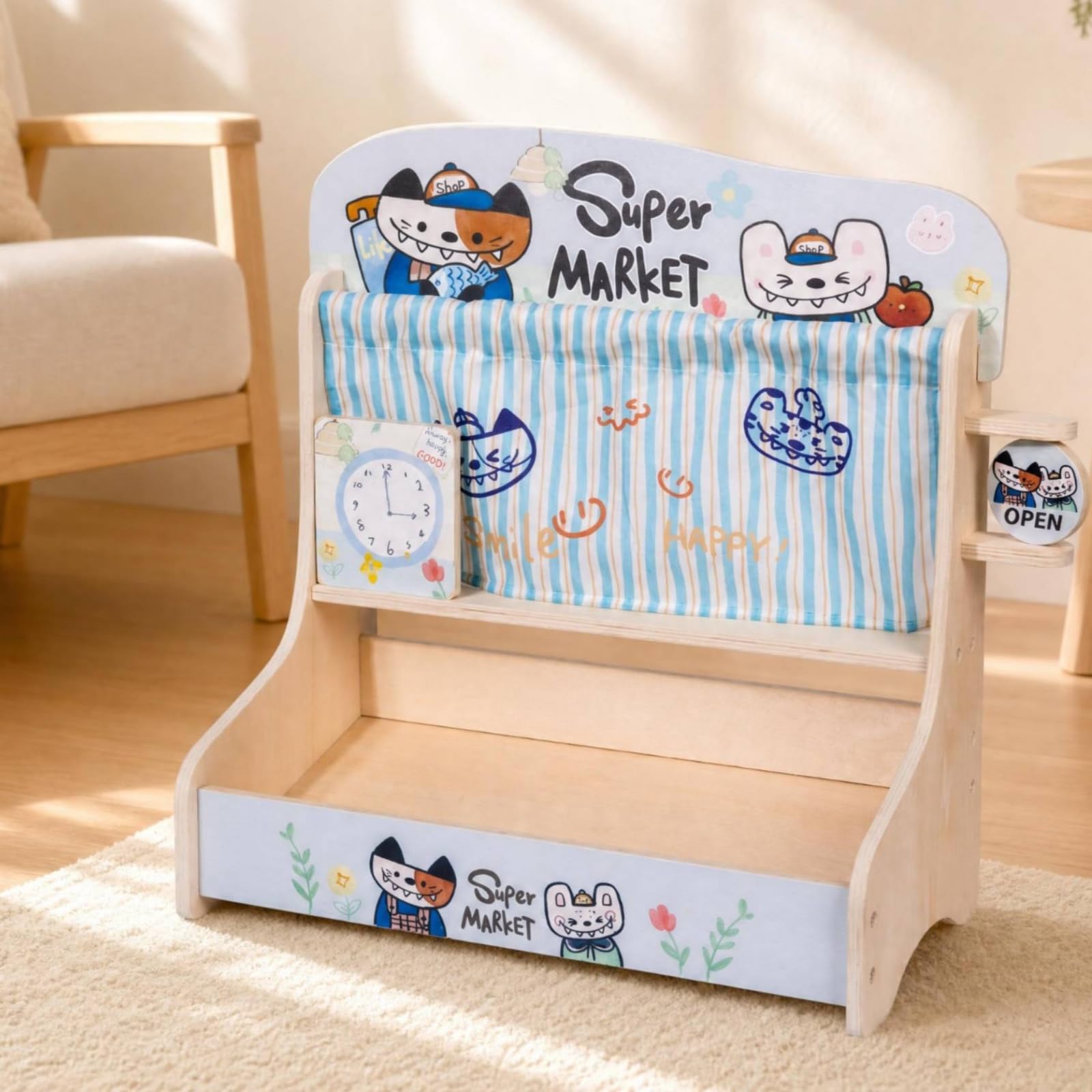 Juguete de Cocina para Niños Juego de Comida de Madera Alimentos Falsos de Madera Caja con Asas Cuchillo Infantil Piezas para Servir Estilo Dibujos