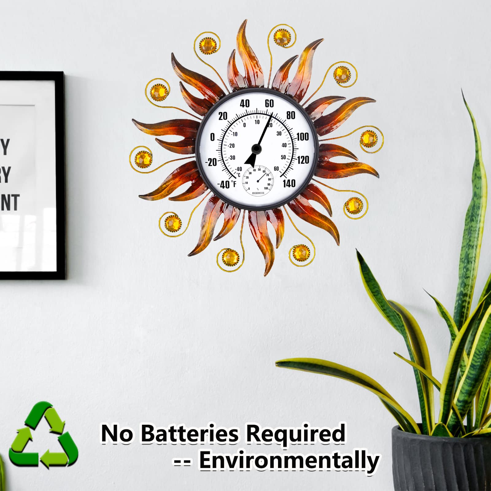 Termómetro para interiores y exteriores de 13 pulgadas, termómetro solar montado en la pared con humedad, fácil de leer termómetro decorativo exterior para patio, jardín, no requiere baterías