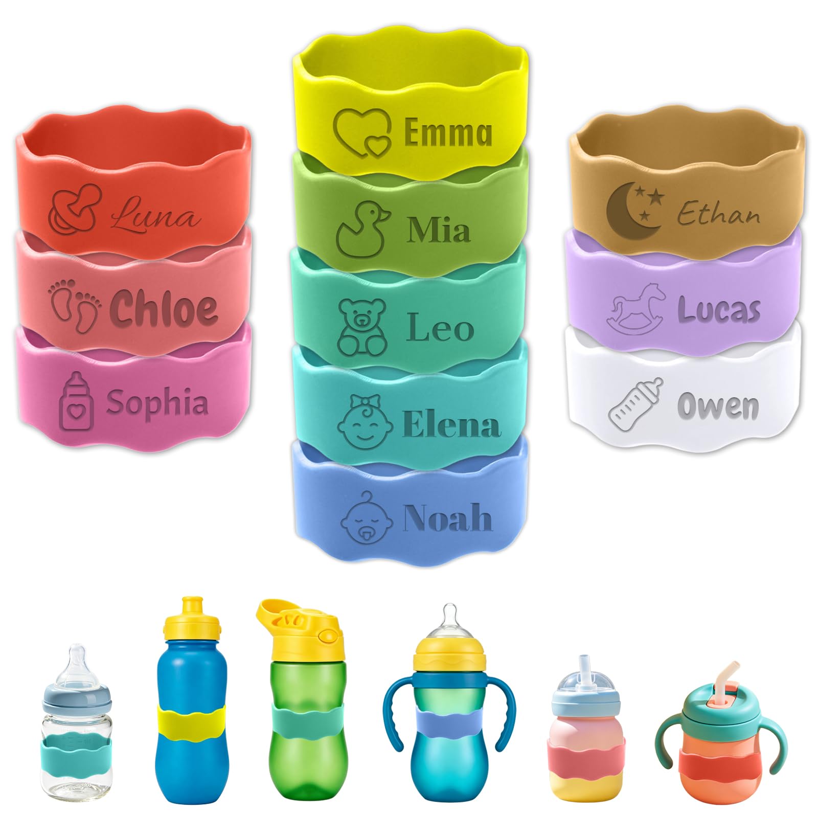 Personalised Baby Bottle Name Bands Custom Engraved Baby Bottle Labels for Daycare Reusable Laser Engraving Toddler Name Tags Silicone Bottle Labels