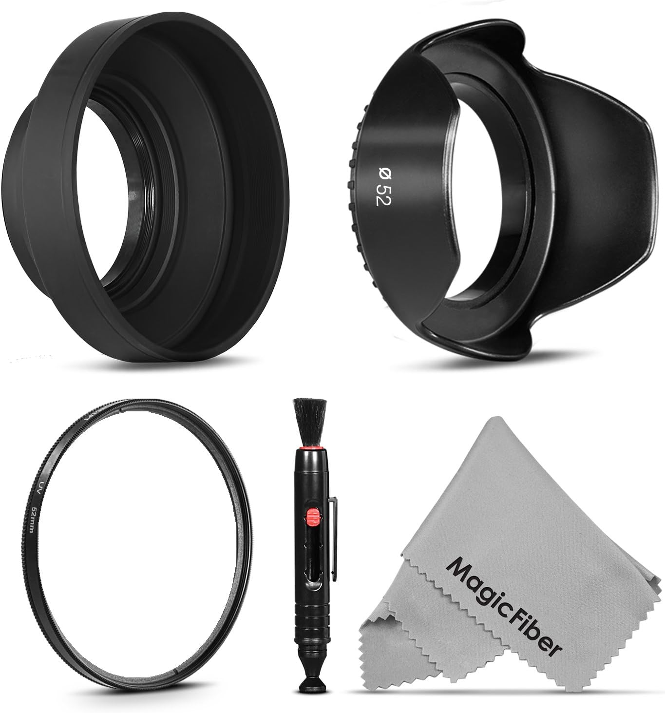 52MM Accessory Kit for NIKON D7100 D7000 D5300 D5200 D5100 D5000 D3400 D3300 D3200 D3100 D3000 D90 D80 DSLR Cameras - Includes: Tulip Lens Hood + Collapsible Rubber Lens Hood + UV Lens Filter