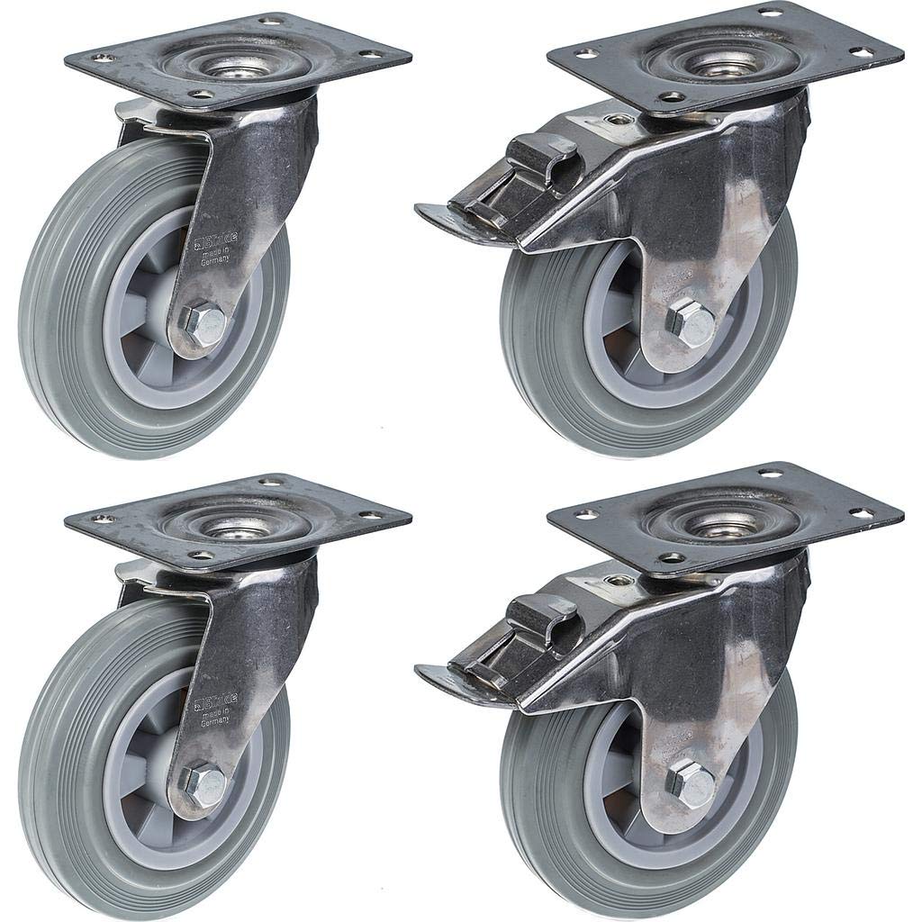 Roulettes en acier inoxydable de 160 mm (6 pouces) avec bandage gris, pivotantes et équipées d'un frein, capacité de charge de 540 kg, lot de 4