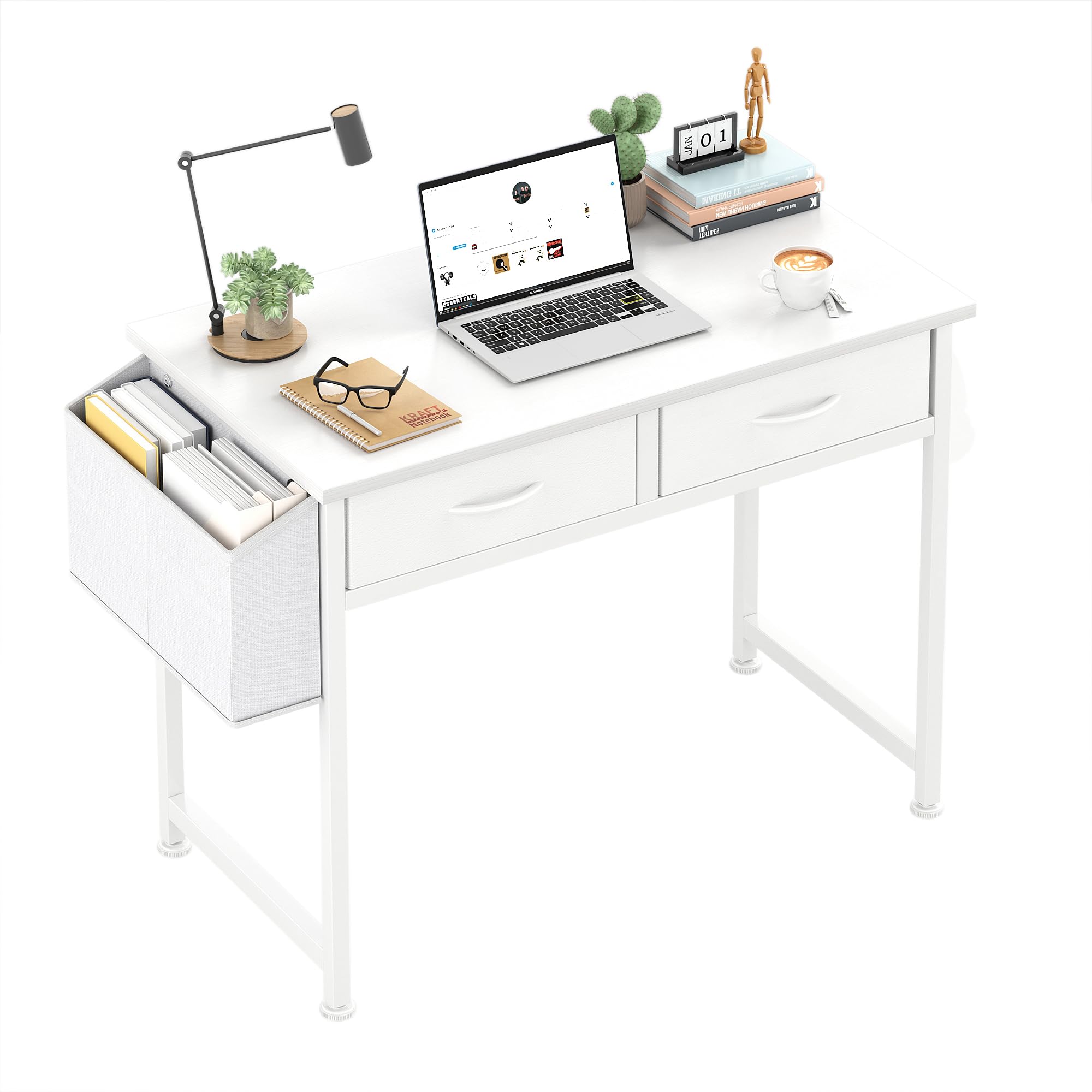 CAIYUN Escritorio pequeño con cajones de tela, 81,3 cm, tocador para dormitorio, oficina en casa, escritorio de ordenador para espacios pequeños, mesa de trabajo moderna y portátil con bolsa de