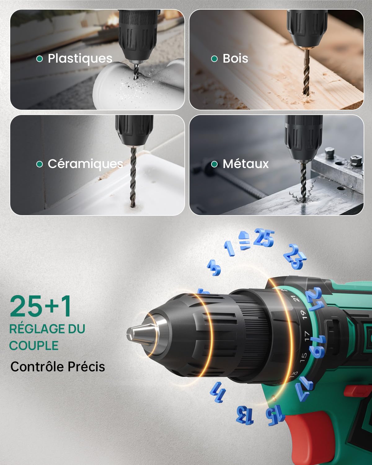 12V Visseuse Devisseuse Sans Fil, Perceuse Visseuse Sans Fil et 2000mAh Batterie, 25N.m Perceuse, 98 Accessoires, 25+1 Couple, Lumières LED, Parfait la Réparation à Domicile et DIY Green