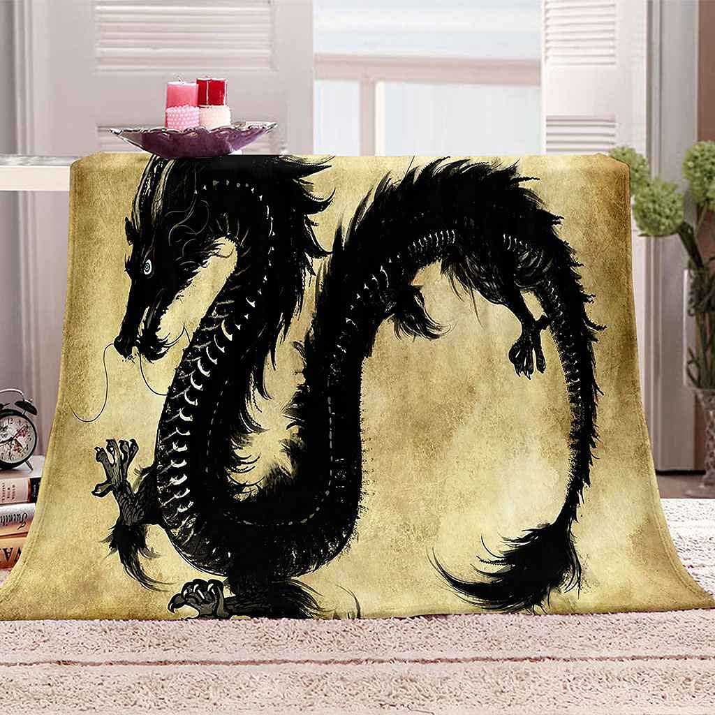 Couverture sofa 3D dragon noir plaid flanelle doux toutes saisons